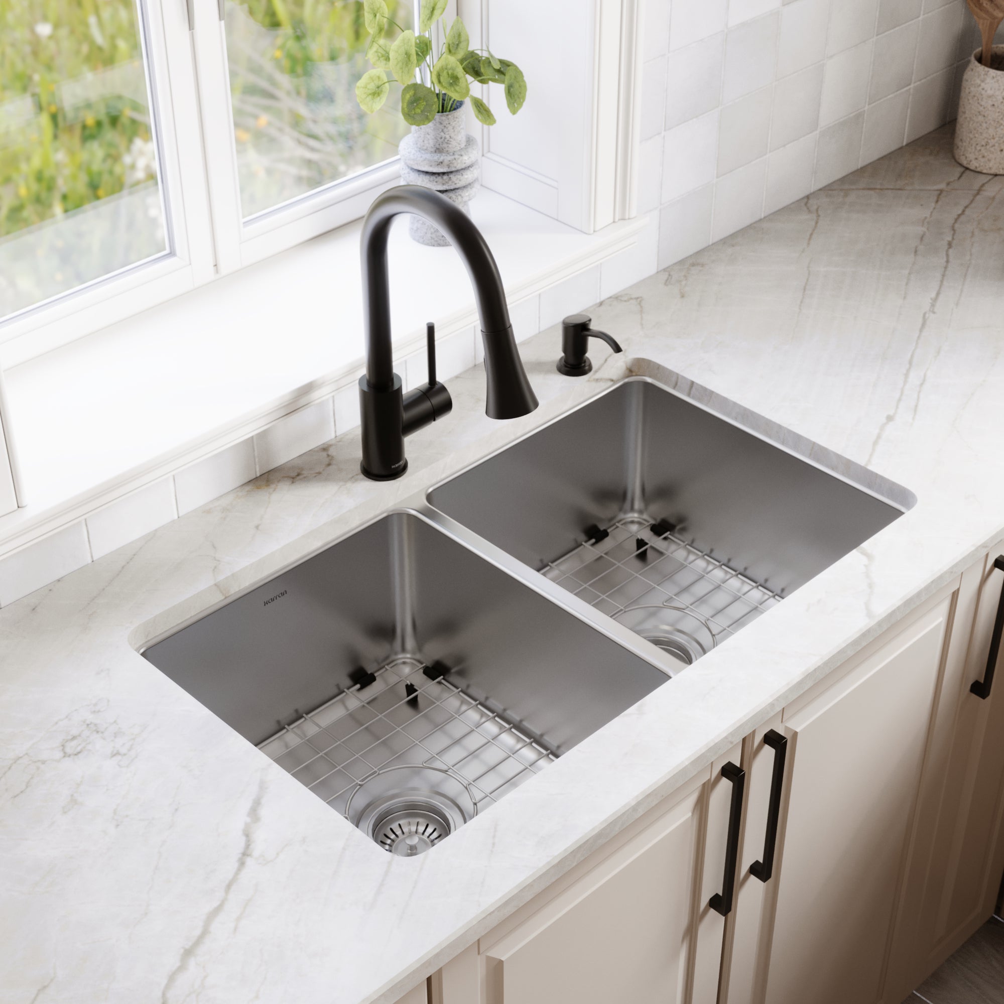 Karran lansen 32 stainless steel kitchen sink 50/50 double bowl lifestyle image