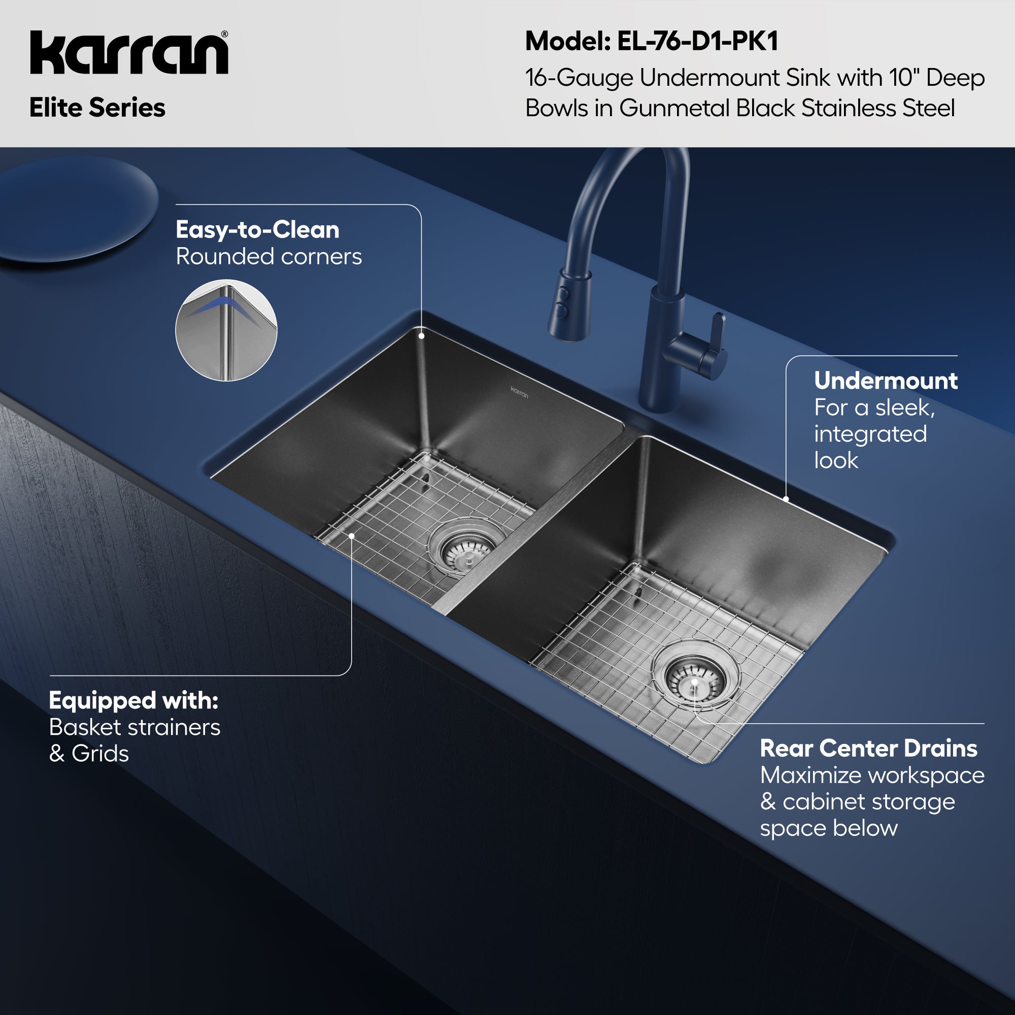 Karran elite 32 stainless steel kitchen sink 50/50 double bowl gunmetal black informational image