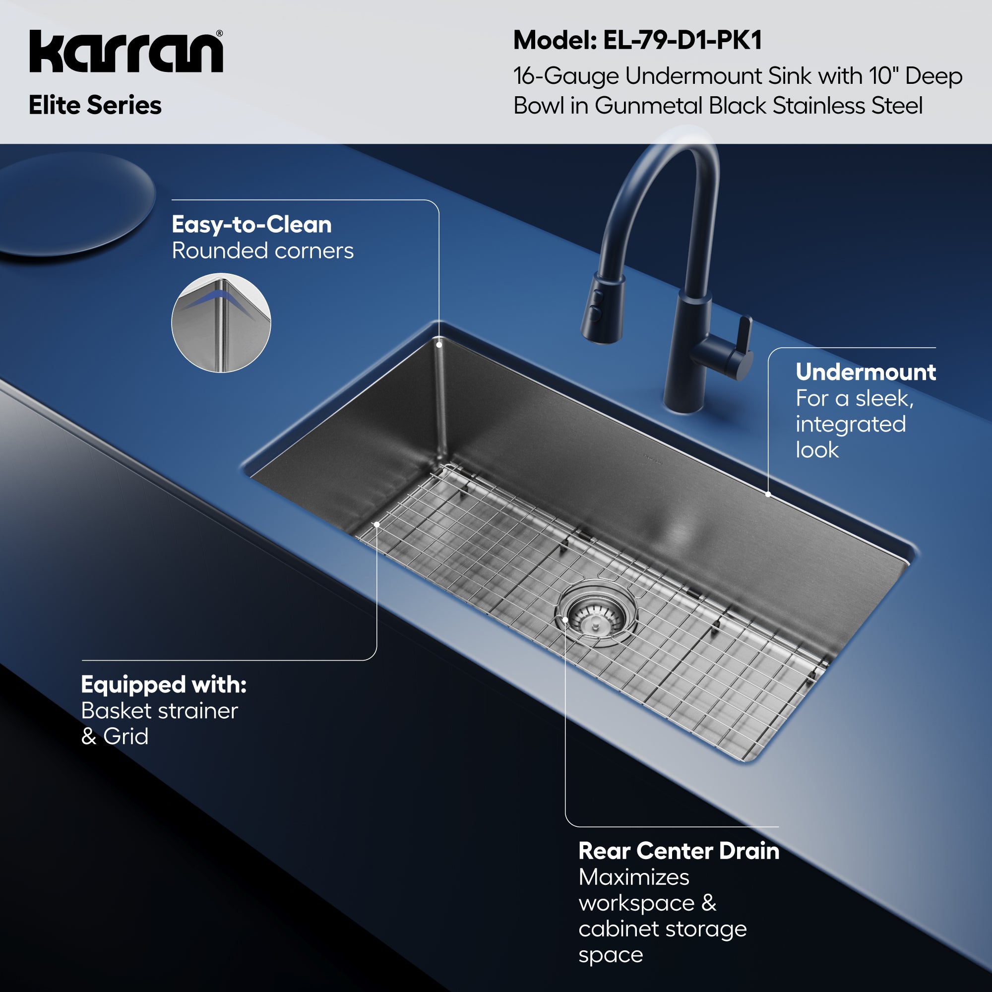 Karran elite 32 stainless steel kitchen sink gunmetal black informational image