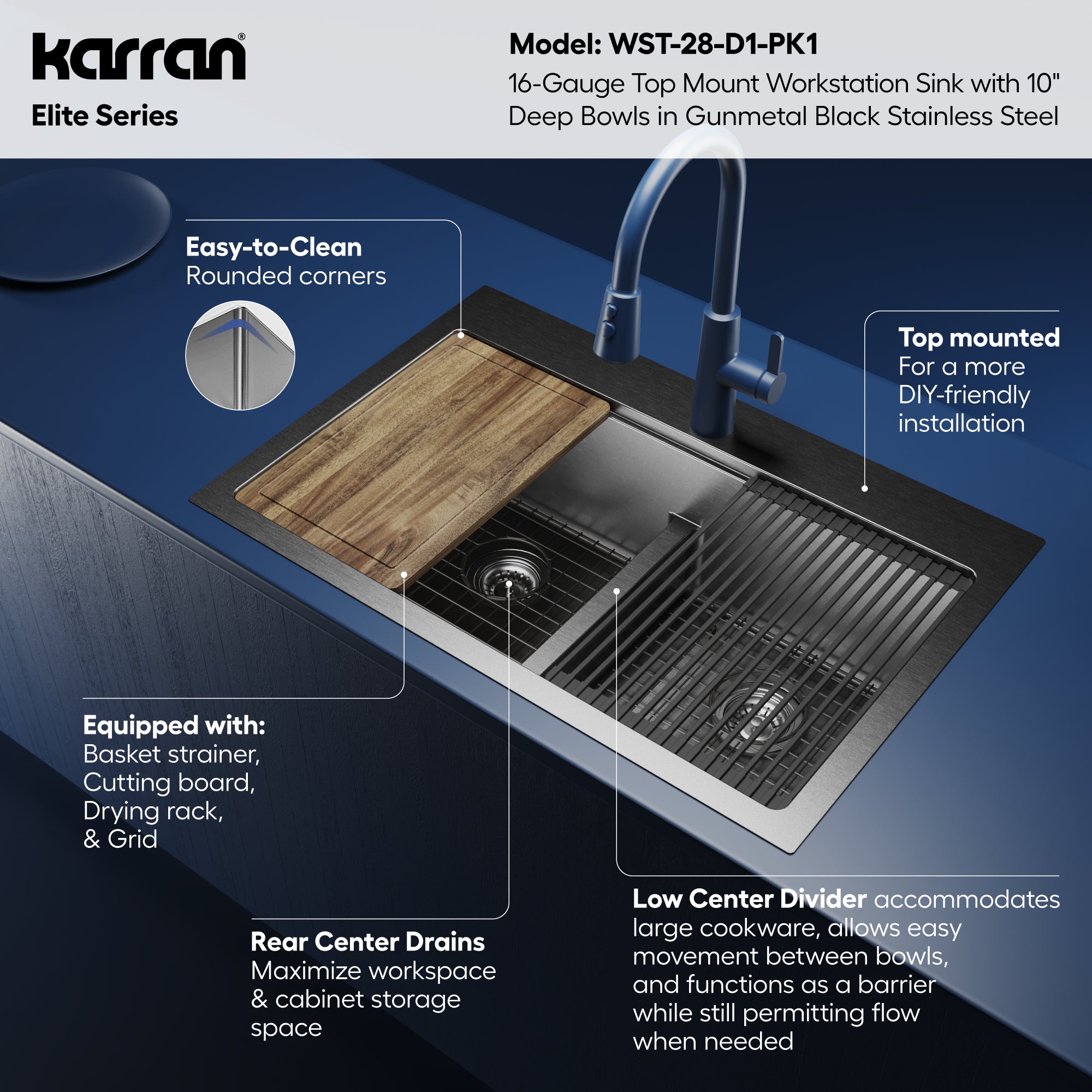 Karran elite workstation 33 stainless steel kitchen sink 50/50 double bowl gunmetal black informational image