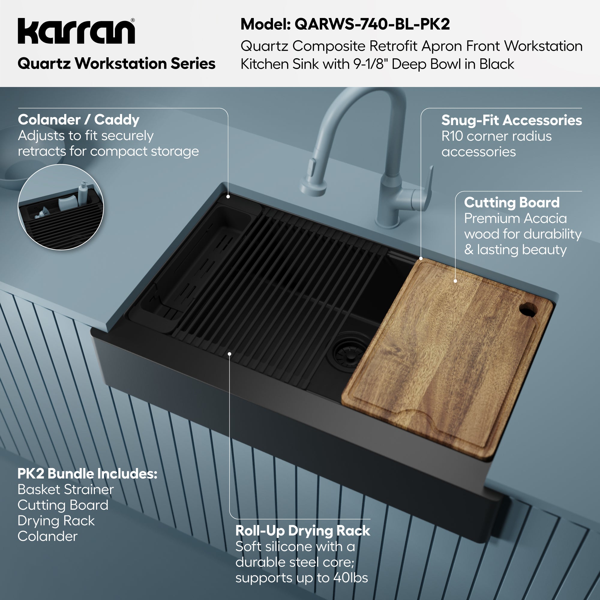 Karran 34 quartz composite retrofit workstation farmhouse sink black informational image