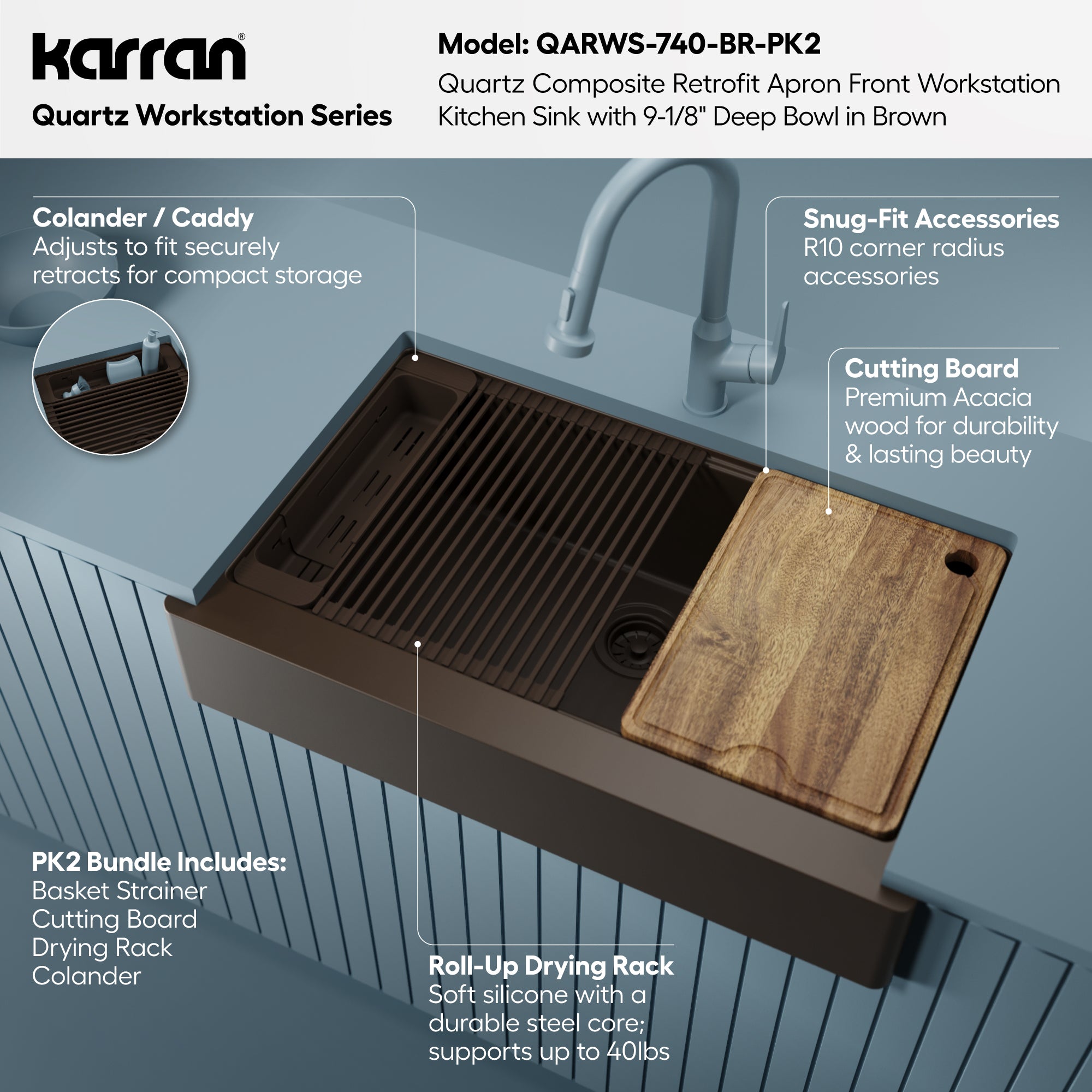 Karran 34 quartz composite retrofit workstation farmhouse sink brown informational image