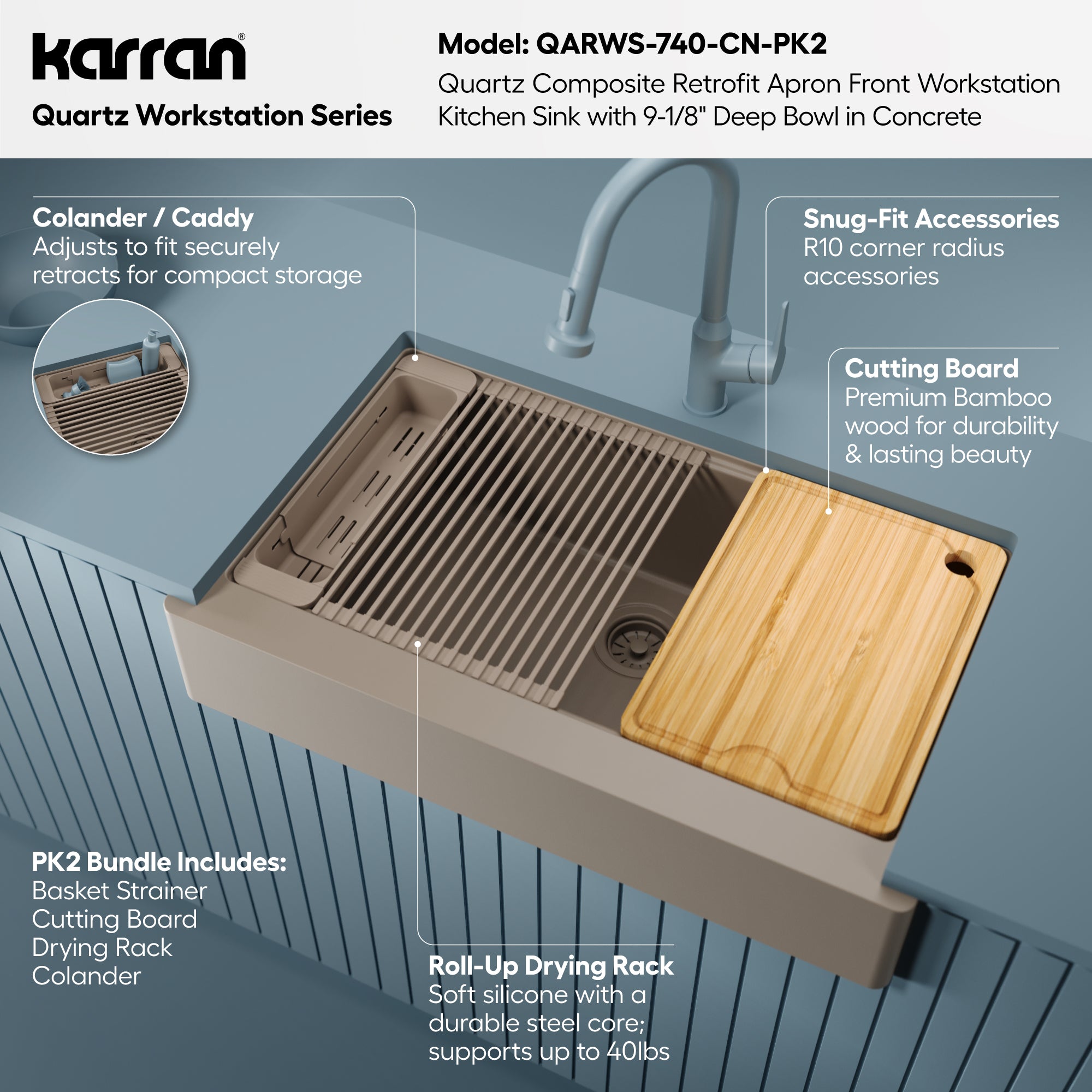 Karran 34 quartz composite retrofit workstation farmhouse sink concrete informational image