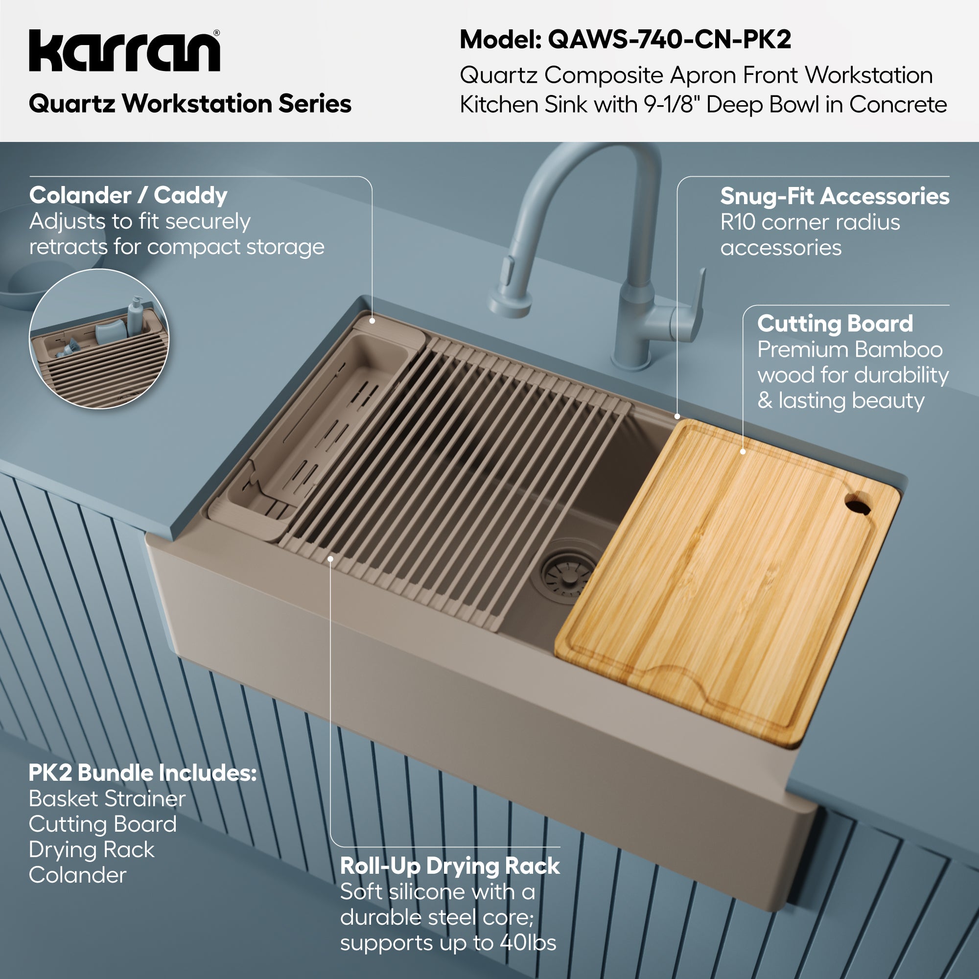 Karran 34 quartz composite workstation farmhouse sink concrete informational image