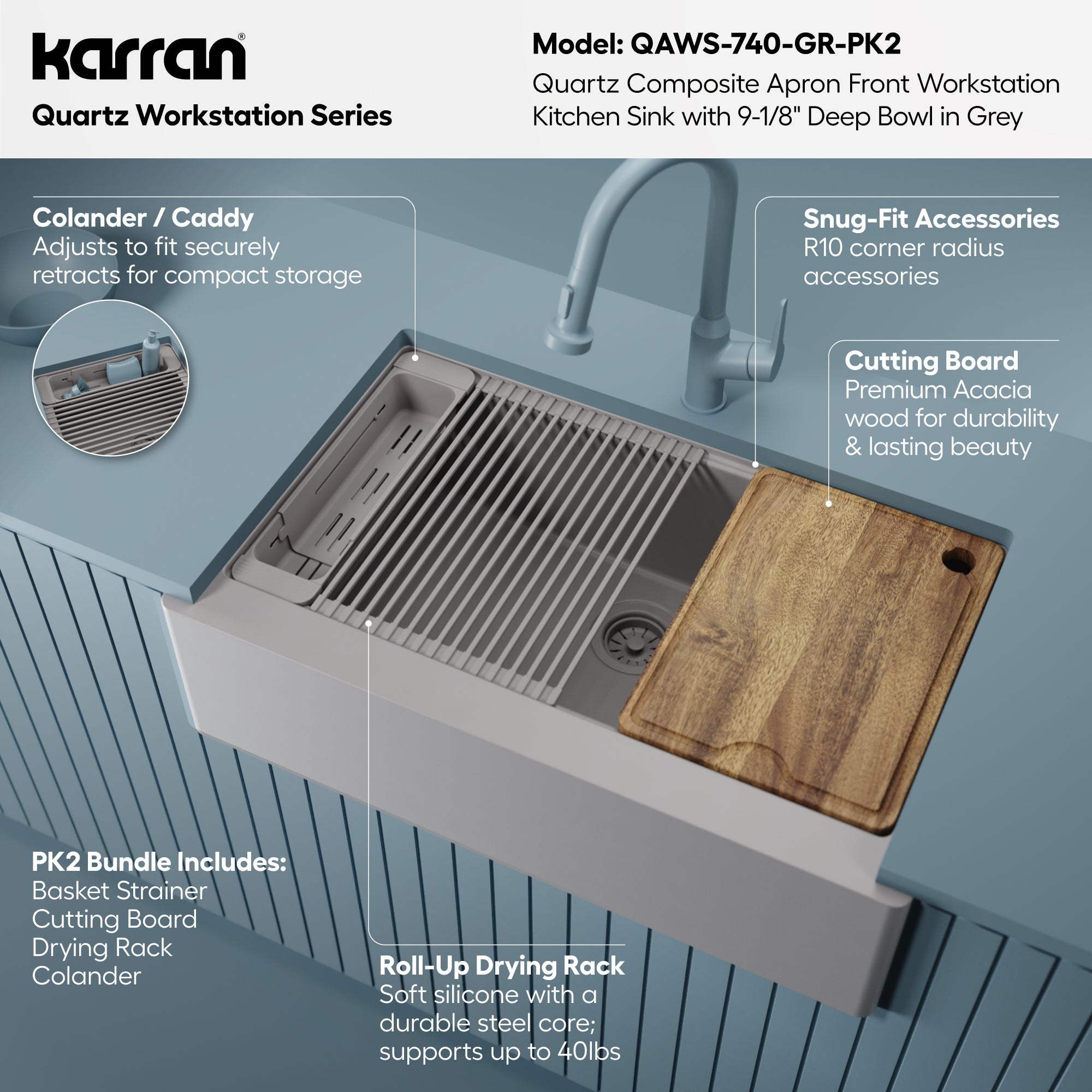 Karran 34 quartz composite workstation farmhouse sink grey informational image