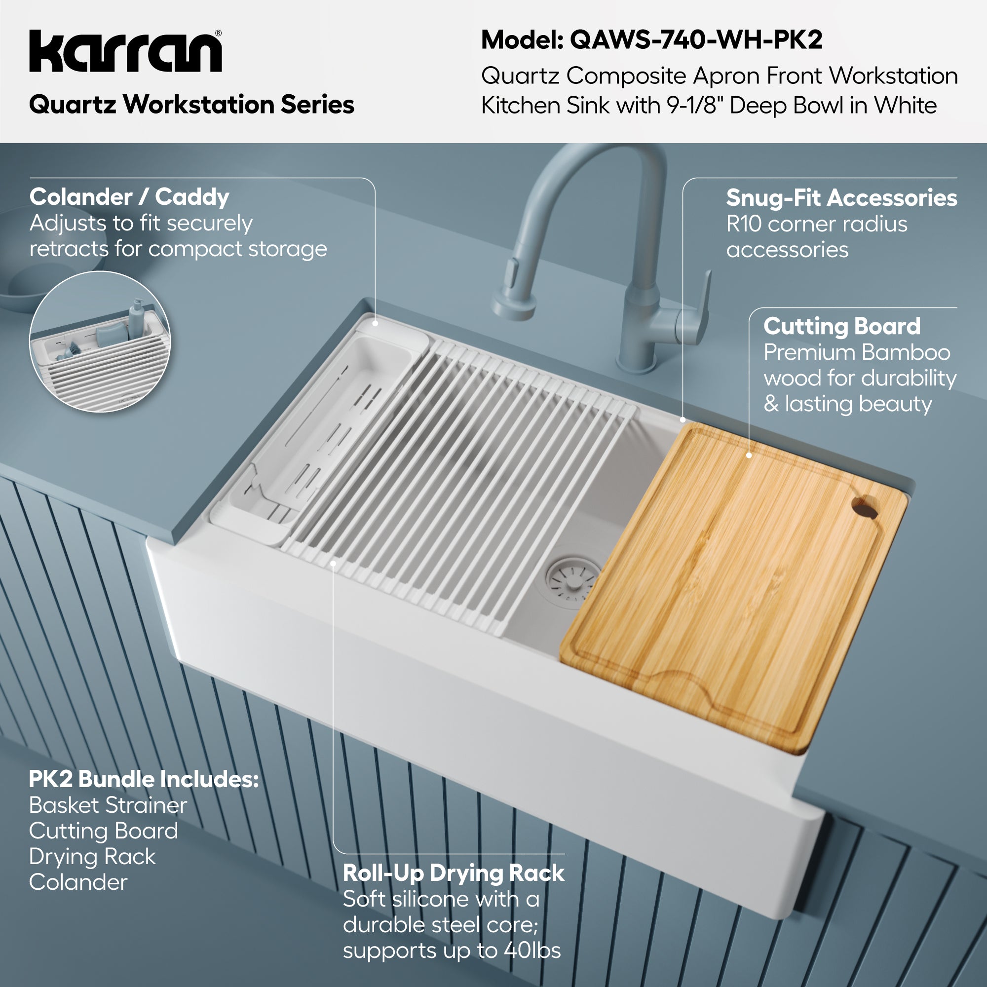 Karran 34 quartz composite workstation farmhouse sink white informational image
