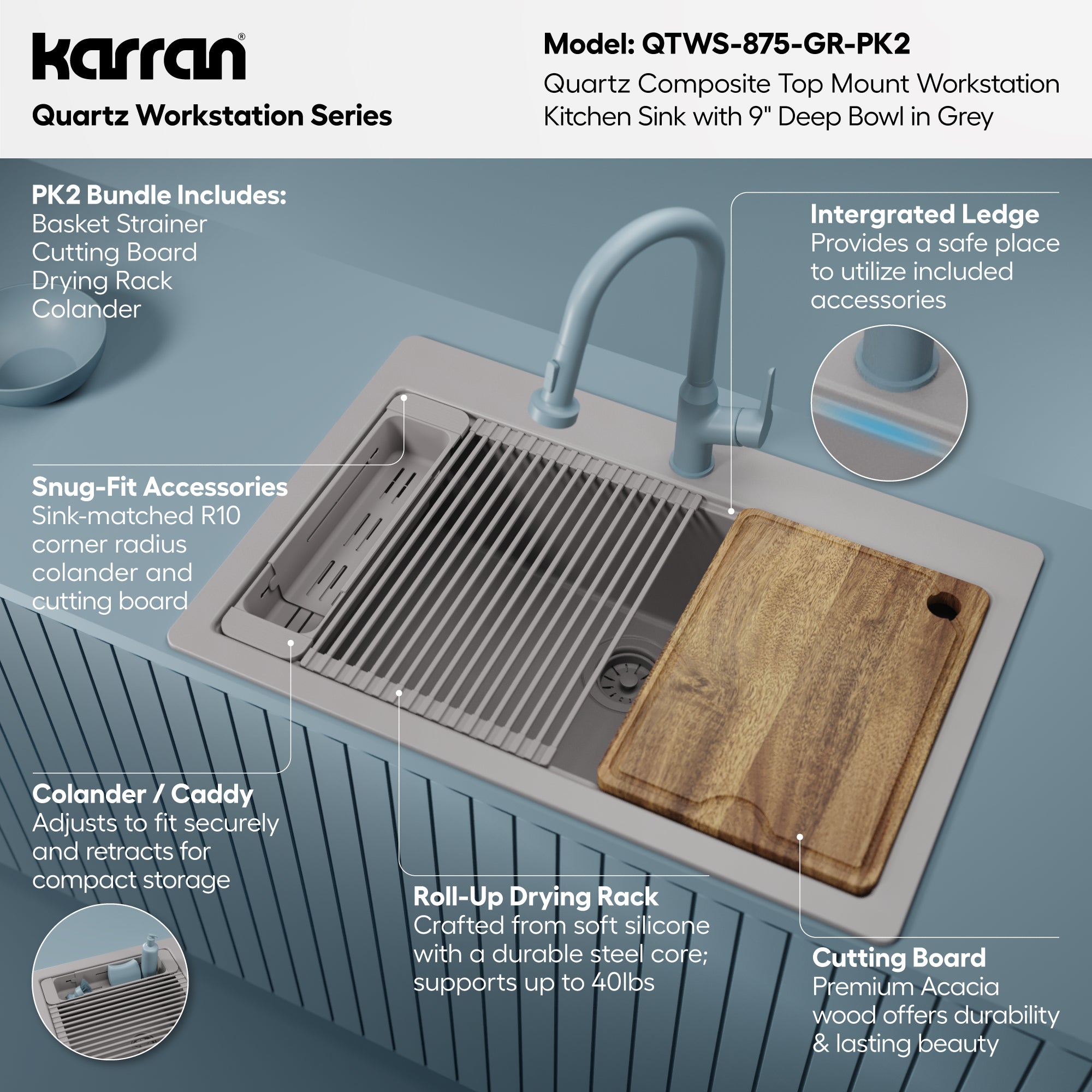 Karran 33 quartz composite workstation kitchen sink grey informational image