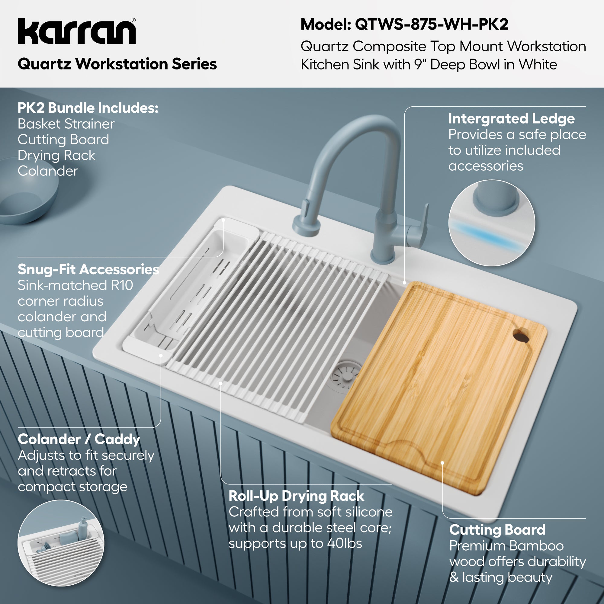 Karran 33 quartz composite workstation kitchen sink white informational image