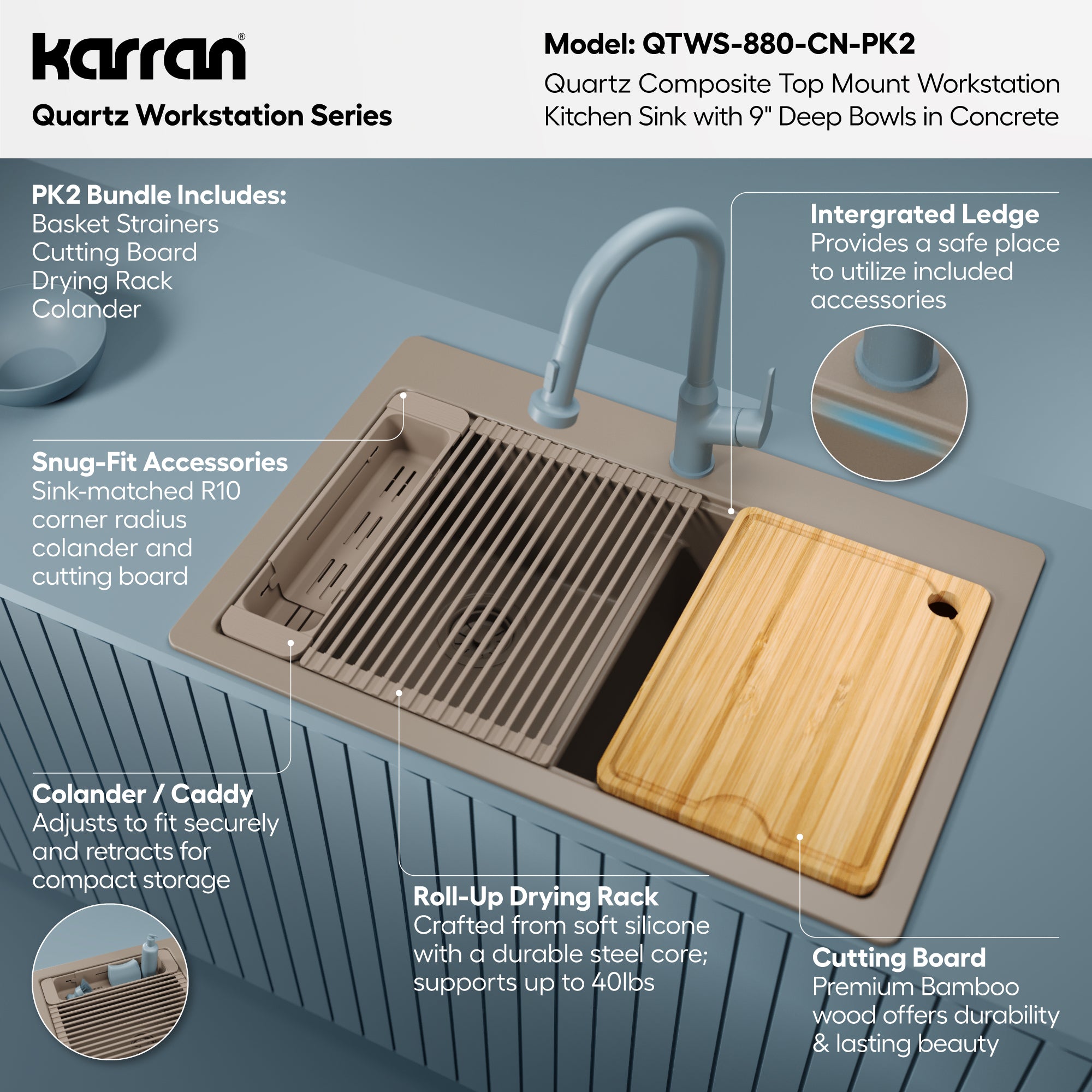 Karran 33 quartz composite workstation kitchen sink 50/50 double bowl concrete informational image