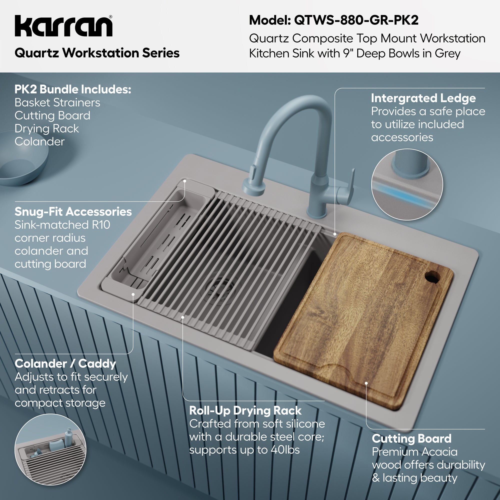 Karran 33 quartz composite workstation kitchen sink 50/50 double bowl grey informational image