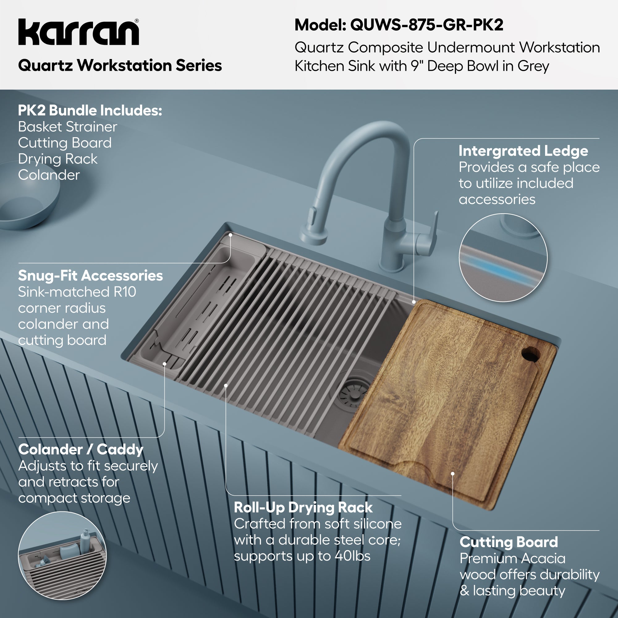 Karran 32 quartz composite workstation kitchen sink grey informational image
