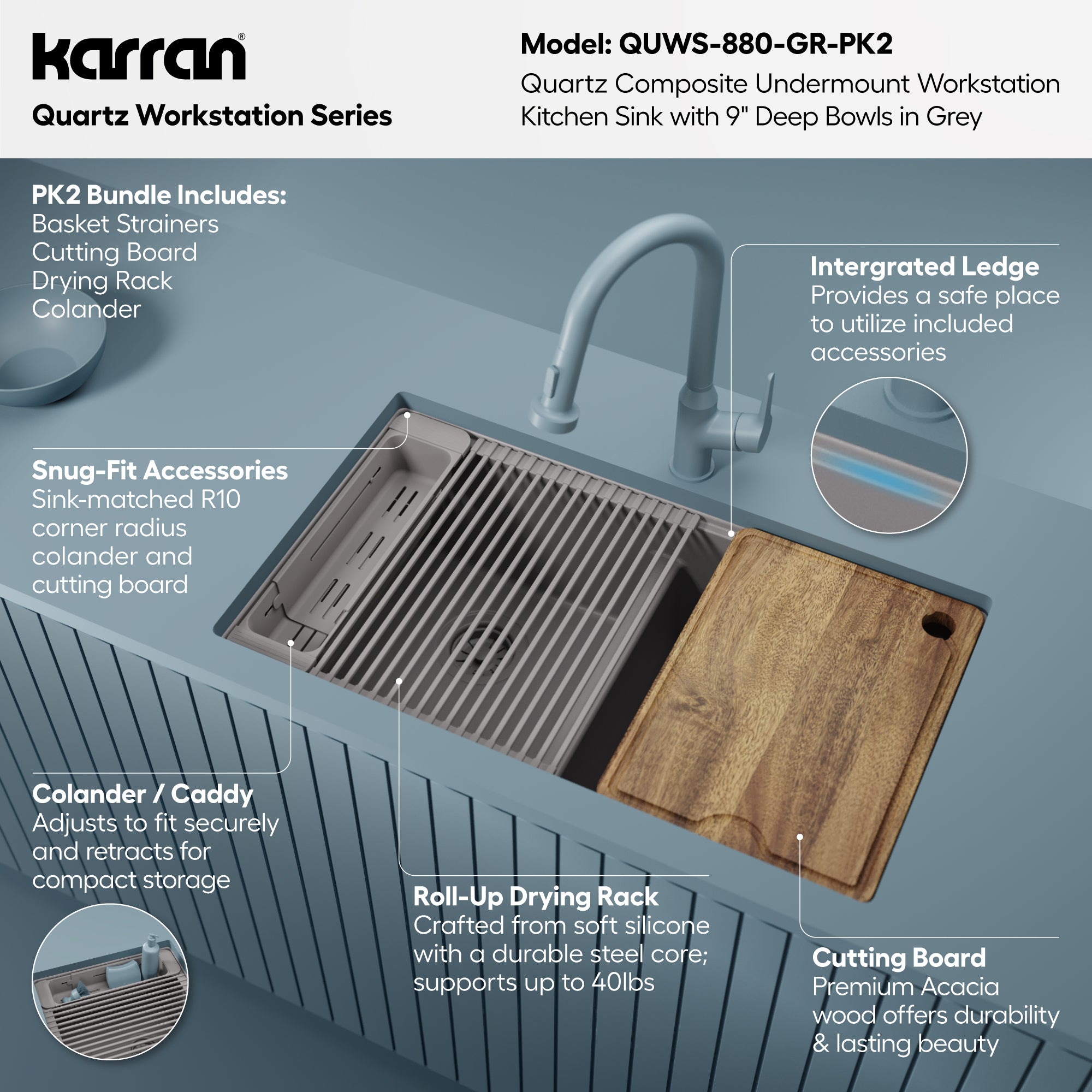 Karran 32 quartz composite workstation kitchen sink 50/50 double bowl grey informational image