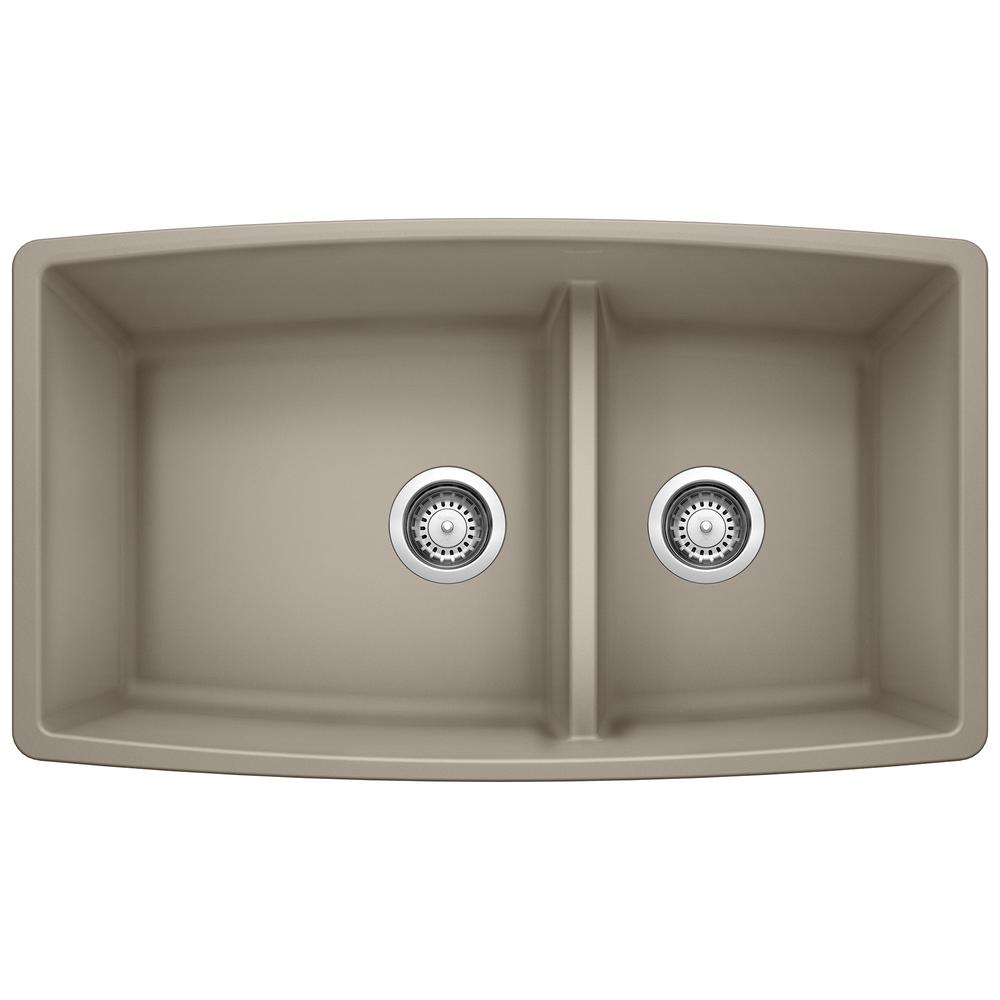 Blanco Performa 33" Undermount Granite Composite Kitchen Sink, Silgranit, 60/40 Double Bowl, Truffle, 441315
