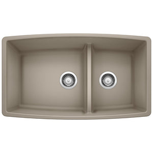 Blanco Performa 33" Undermount Granite Composite Kitchen Sink, Silgranit, 60/40 Double Bowl, Truffle, 441315