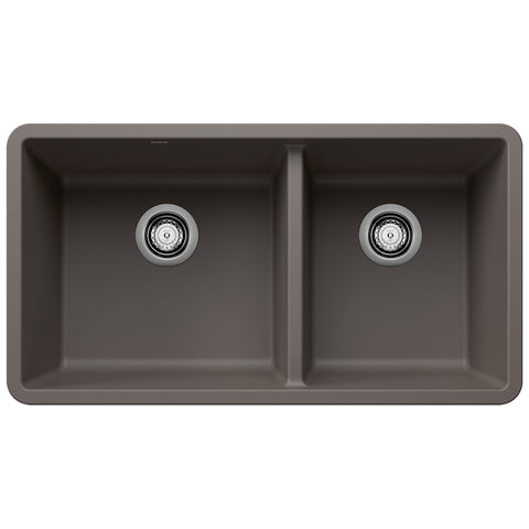 Blanco Precis 33" Undermount Granite Composite Kitchen Sink, Silgranit, 60/40 Double Bowl, Volcano Gray, 443118