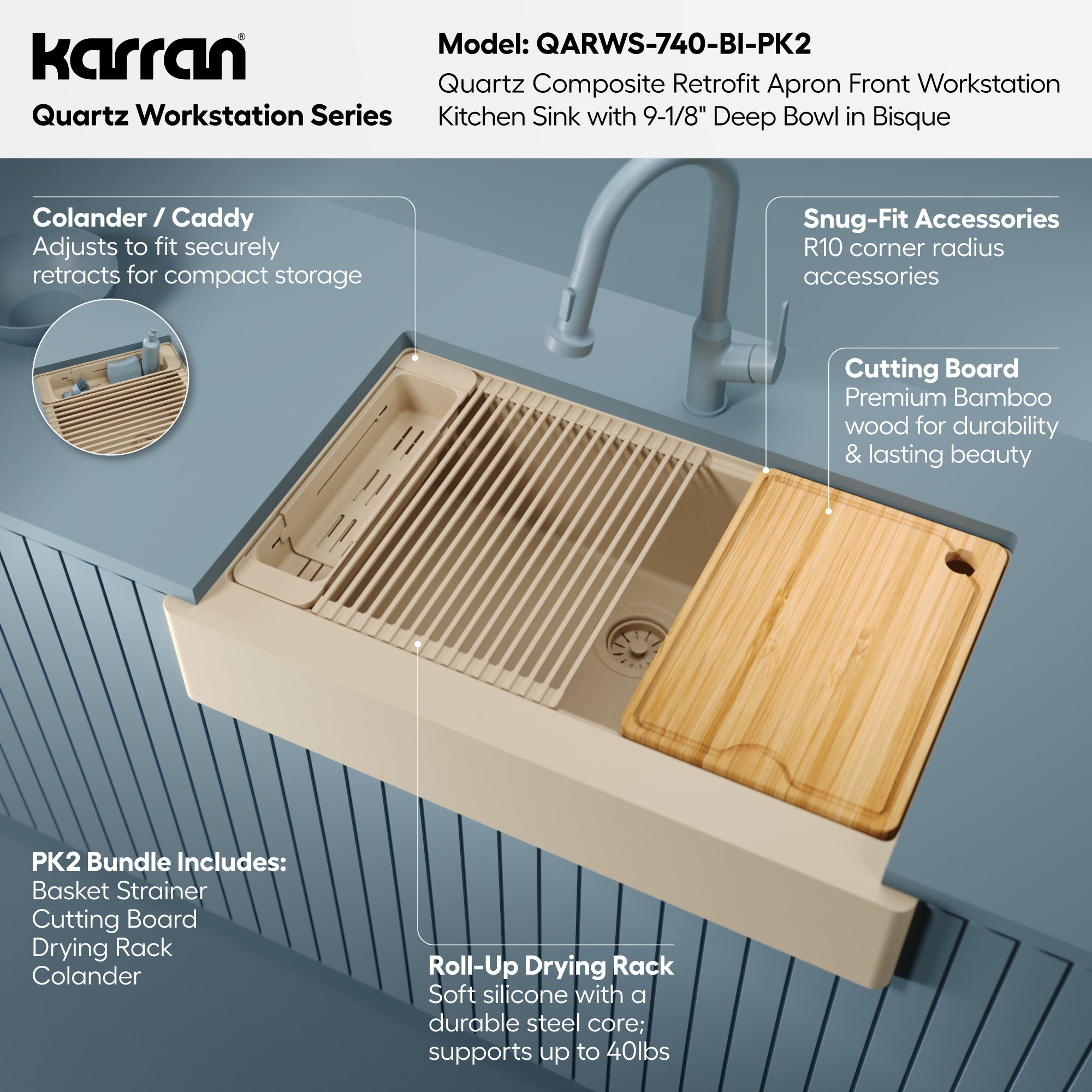 Karran 34 quartz composite retrofit workstation farmhouse sink bisque informational image