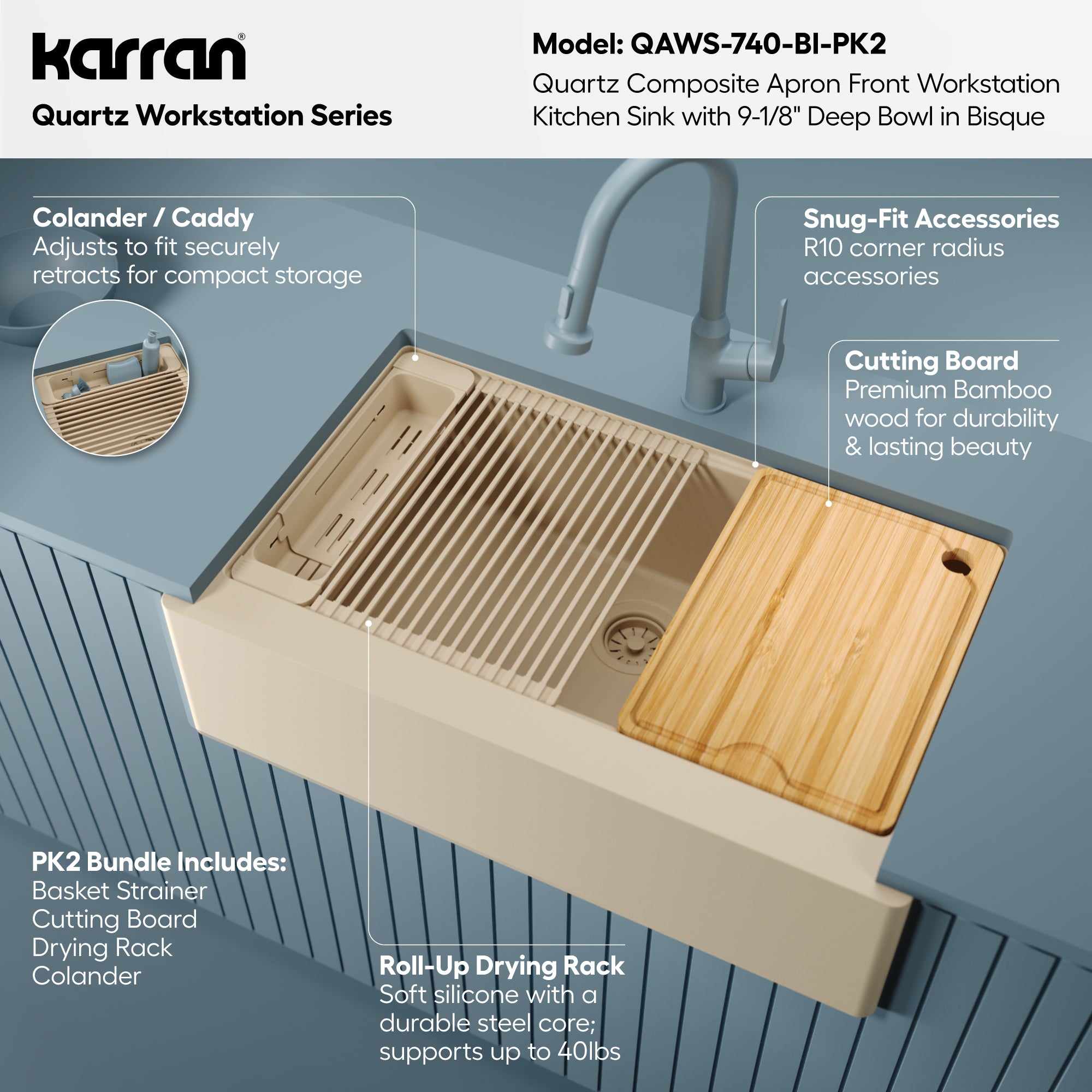 Karran 34 quartz composite workstation farmhouse sink bisque informational image