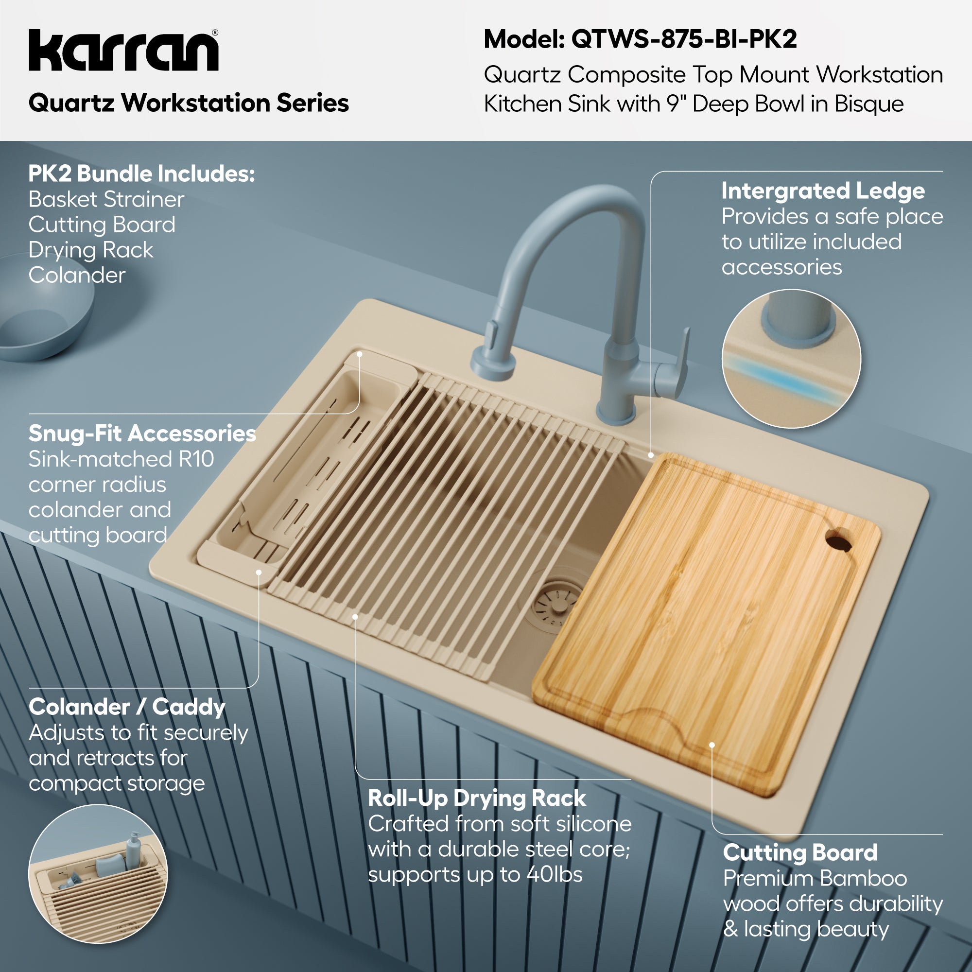 Karran 33 quartz composite workstation kitchen sink bisque informational image