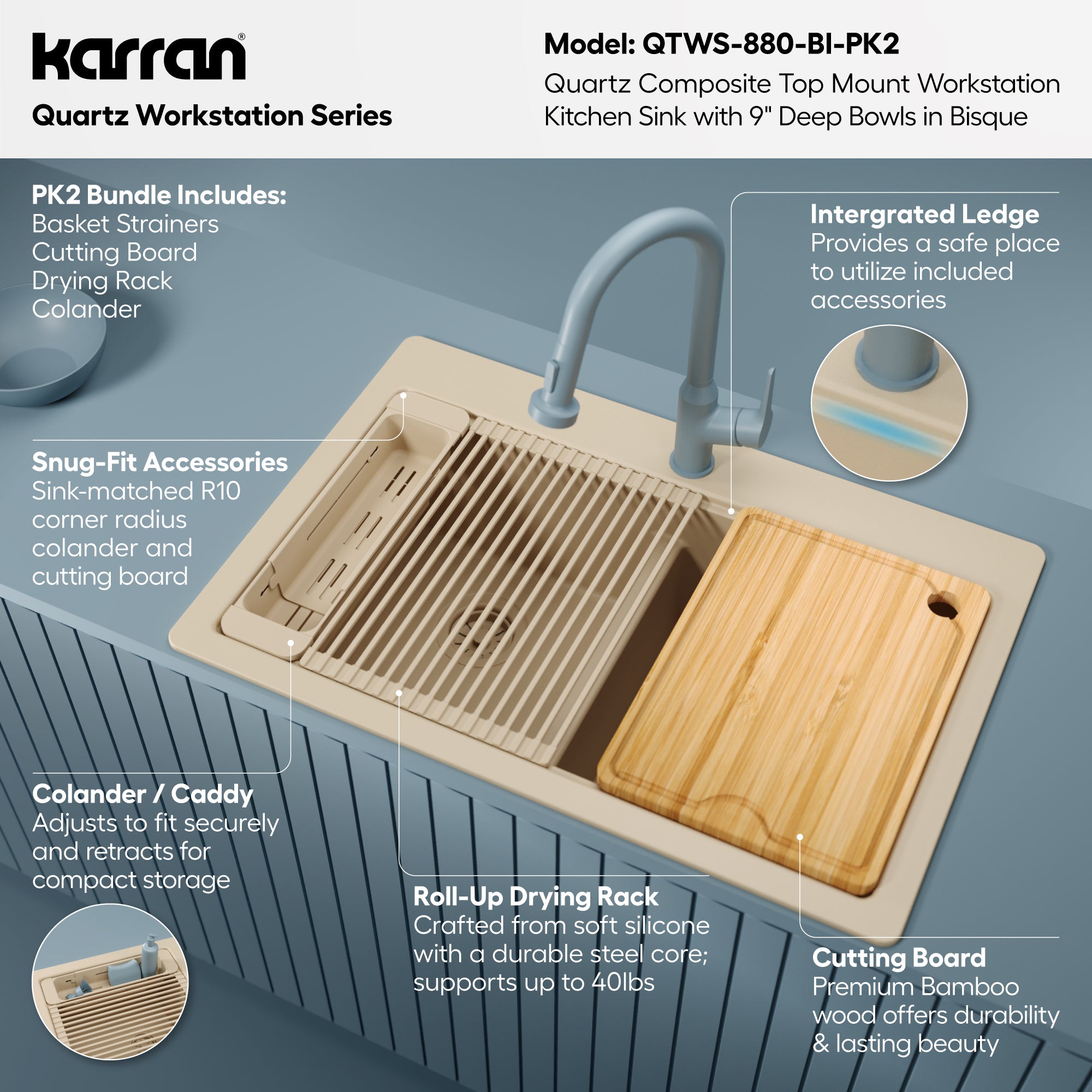 Karran 33 quartz composite workstation kitchen sink 50/50 double bowl bisque informational image