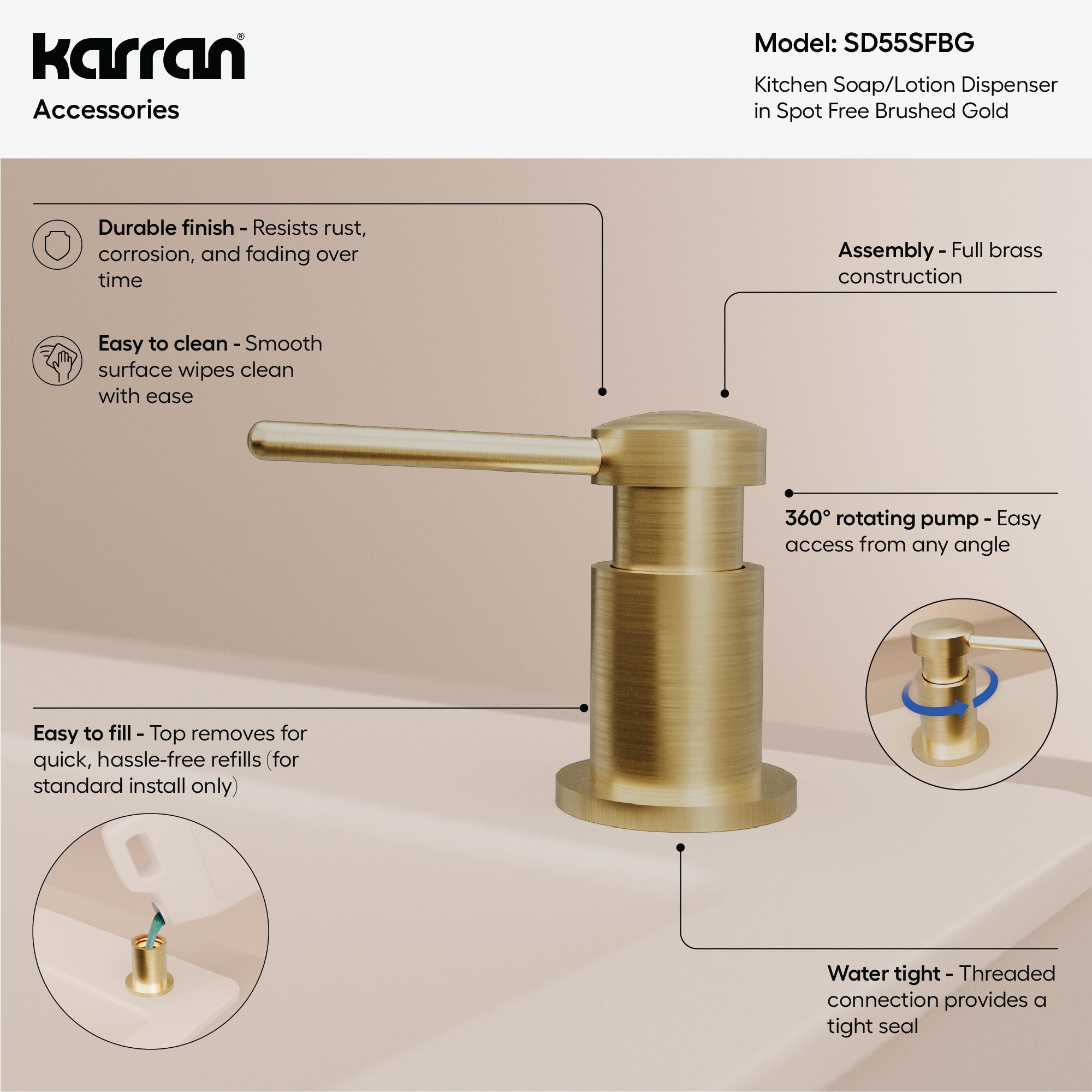 Karran SD55 Kitchen Soap/Lotion Dispenser Spot Free Burshed Gold, Lead-free Brass, Spot Free Brushed Gold, SD55SFBG