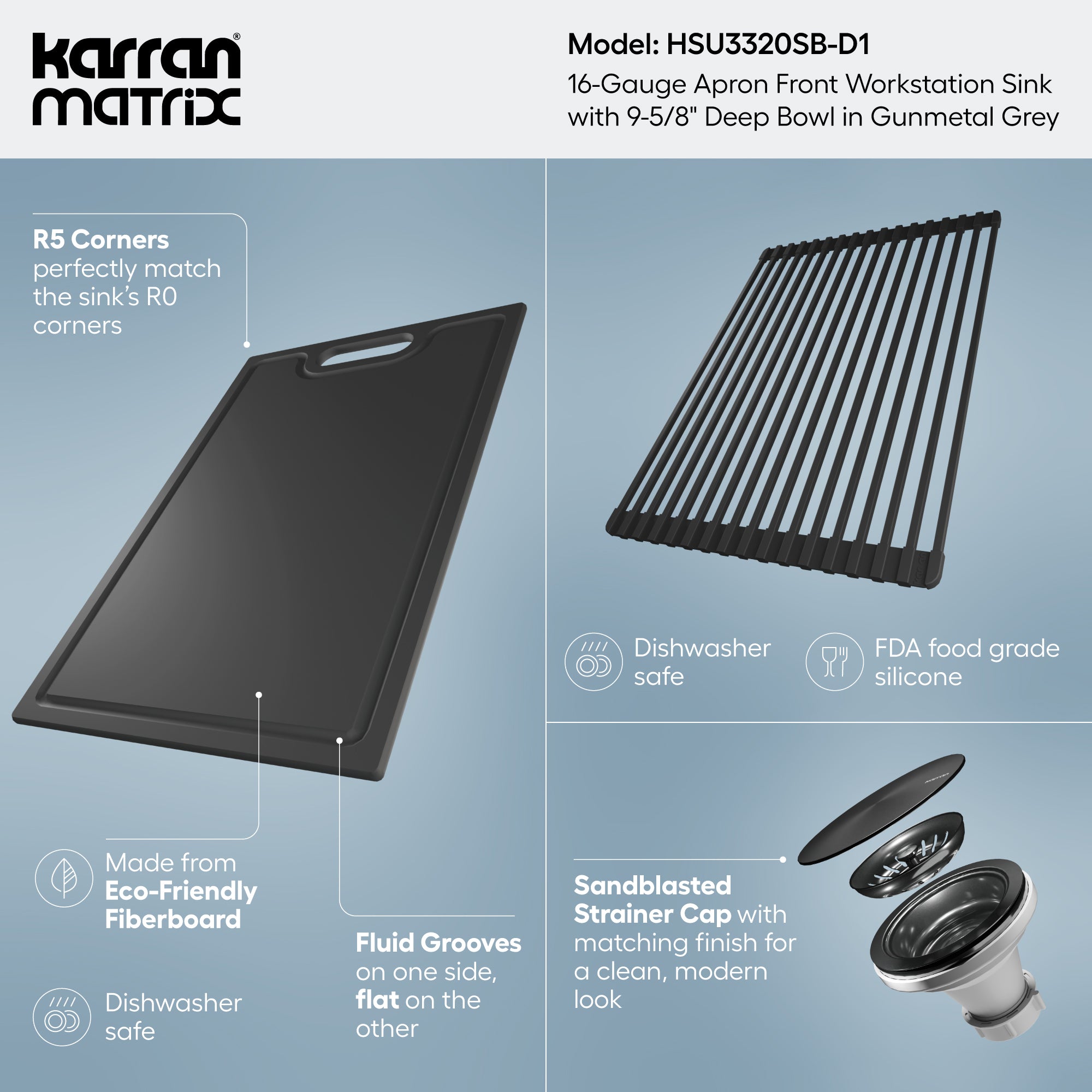 Karran 33 stainless steel workstation farmhouse sink gunmetal grey informational image