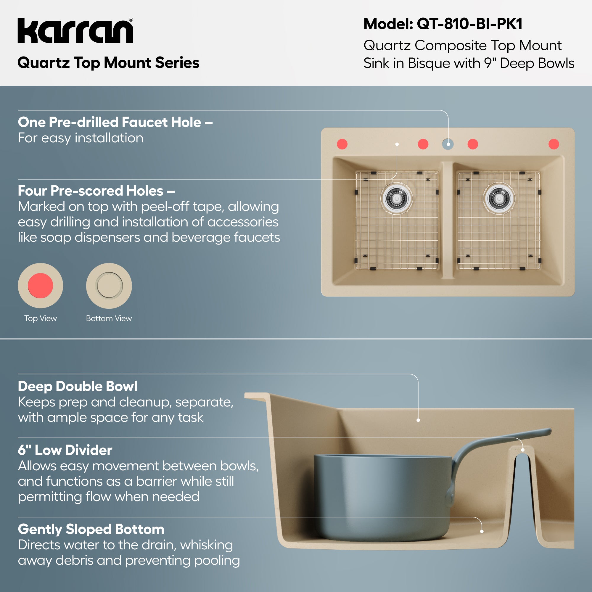 Alternative View of Karran 33" Drop In/Topmount Quartz Composite Kitchen Sink with Accessories, 50/50 Double Bowl, Bisque, QT-810-BI-PK1