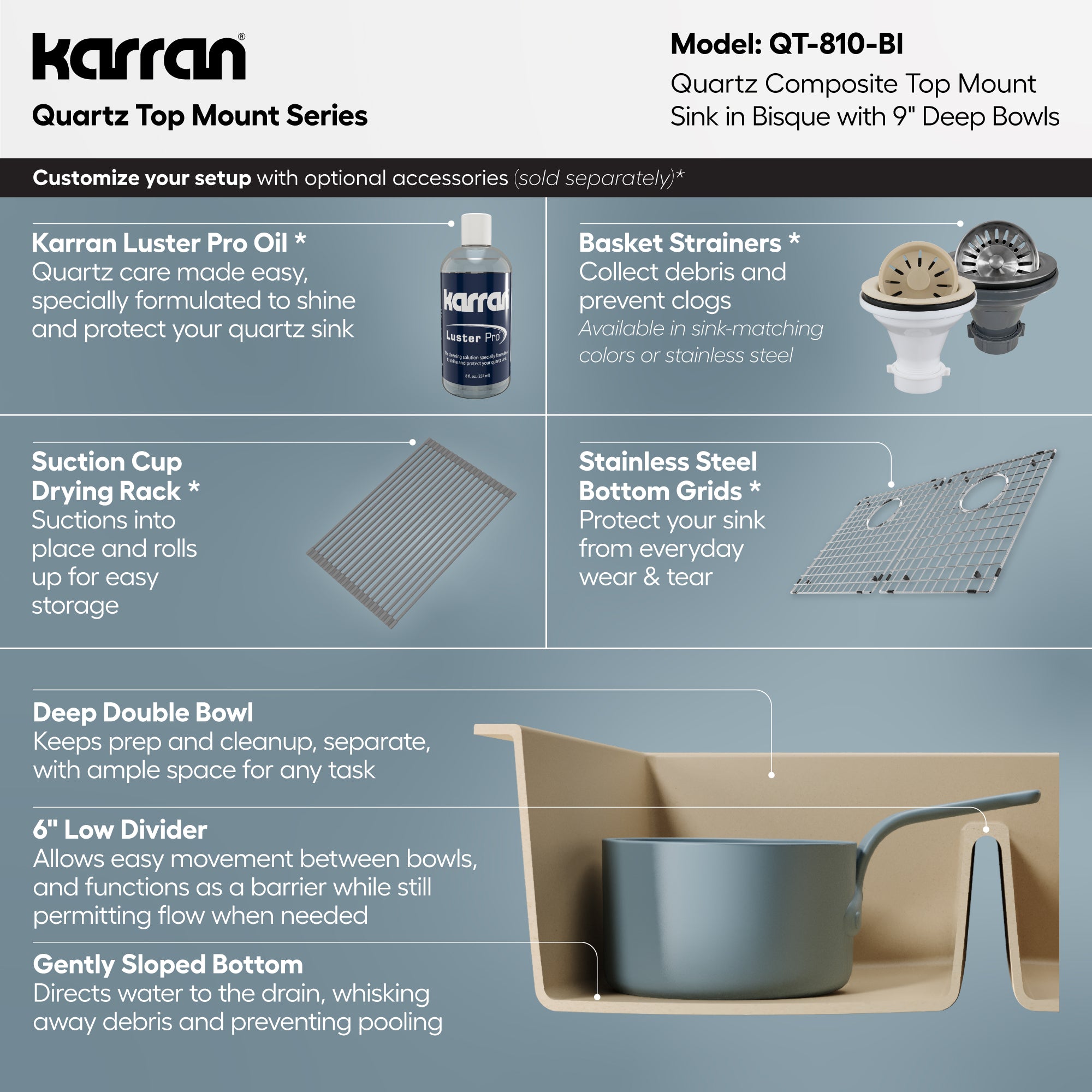 Alternative View of Karran 33" Drop In/Topmount Quartz Composite Kitchen Sink, 50/50 Double Bowl, Bisque, QT-810-BI