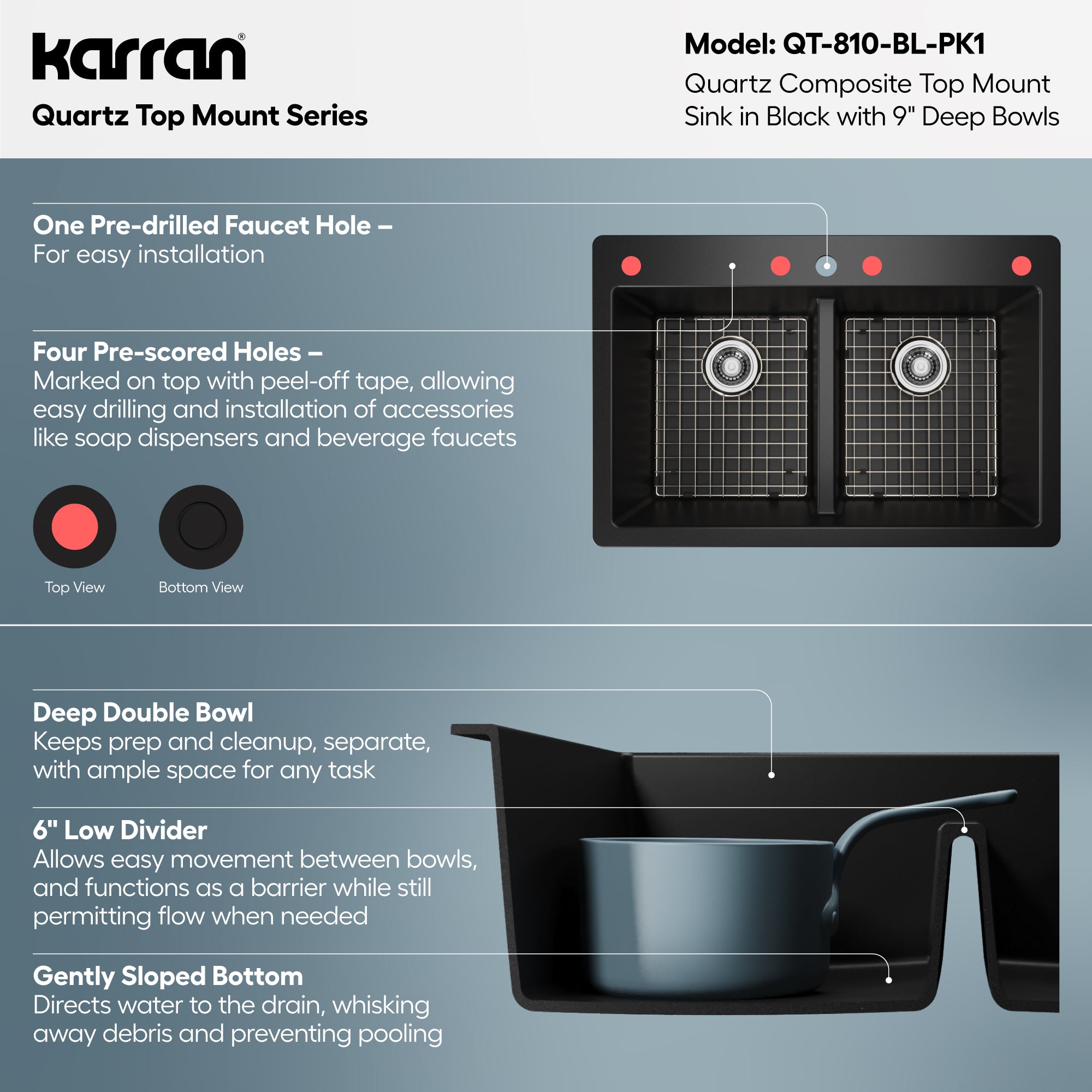 Alternative View of Karran 33" Drop In/Topmount Quartz Composite Kitchen Sink with Accessories, 50/50 Double Bowl, Black, QT-810-BL-PK1