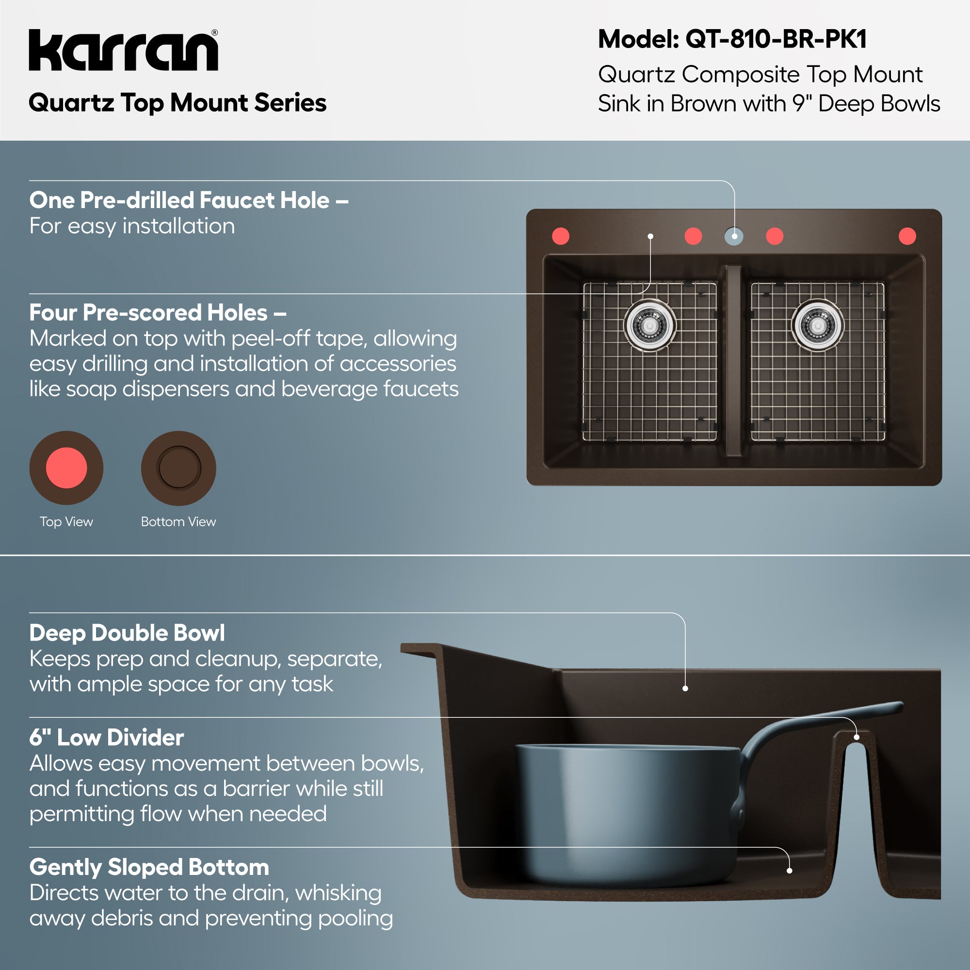 Alternative View of Karran 33" Drop In/Topmount Quartz Composite Kitchen Sink with Accessories, 50/50 Double Bowl, Brown, QT-810-BR-PK1