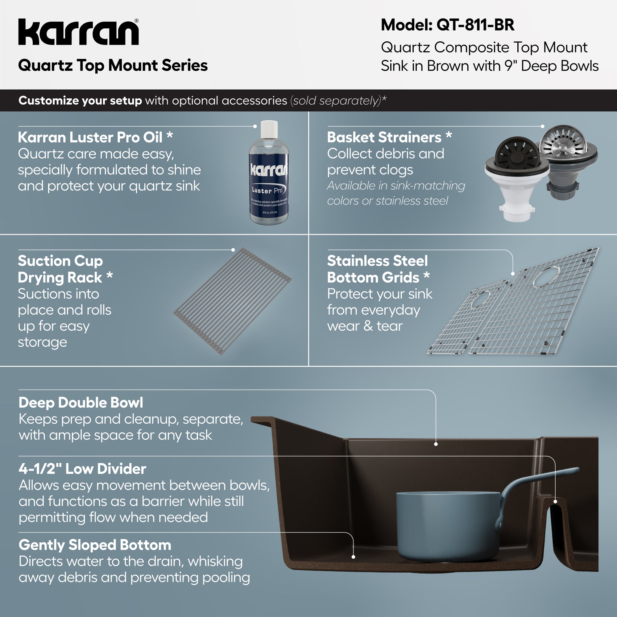 Alternative View of Karran 33" Drop In/Topmount Quartz Composite Kitchen Sink, 60/40 Double Bowl, Brown, QT-811-BR