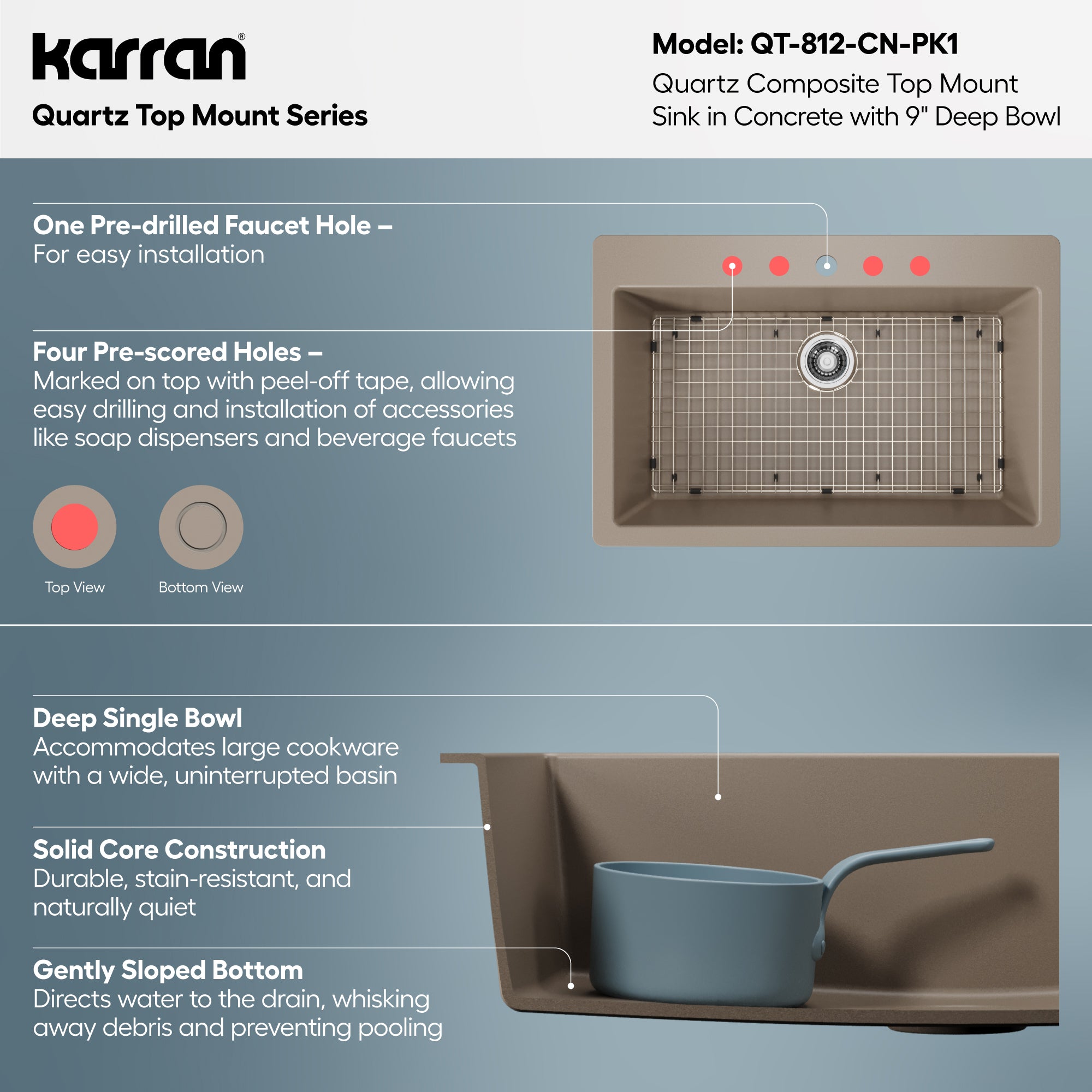 Alternative View of Karran 33" Drop In/Topmount Quartz Composite Kitchen Sink with Accessories, Concrete, QT-812-CN-PK1
