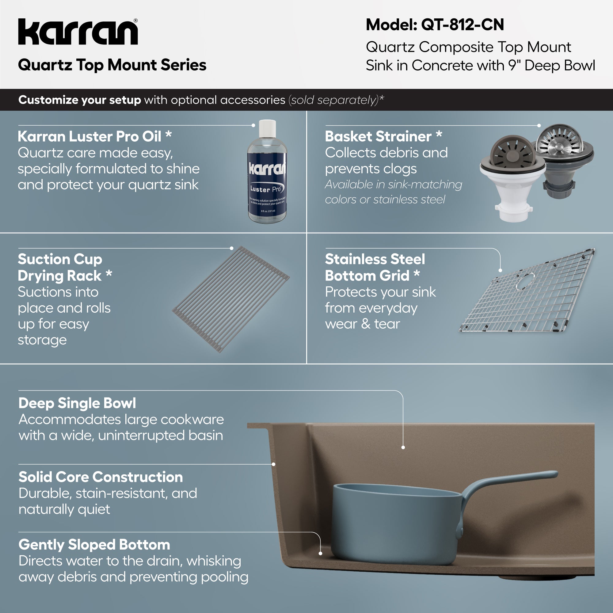 Alternative View of Karran 33" Drop In/Topmount Quartz Composite Kitchen Sink, Concrete, QT-812-CN
