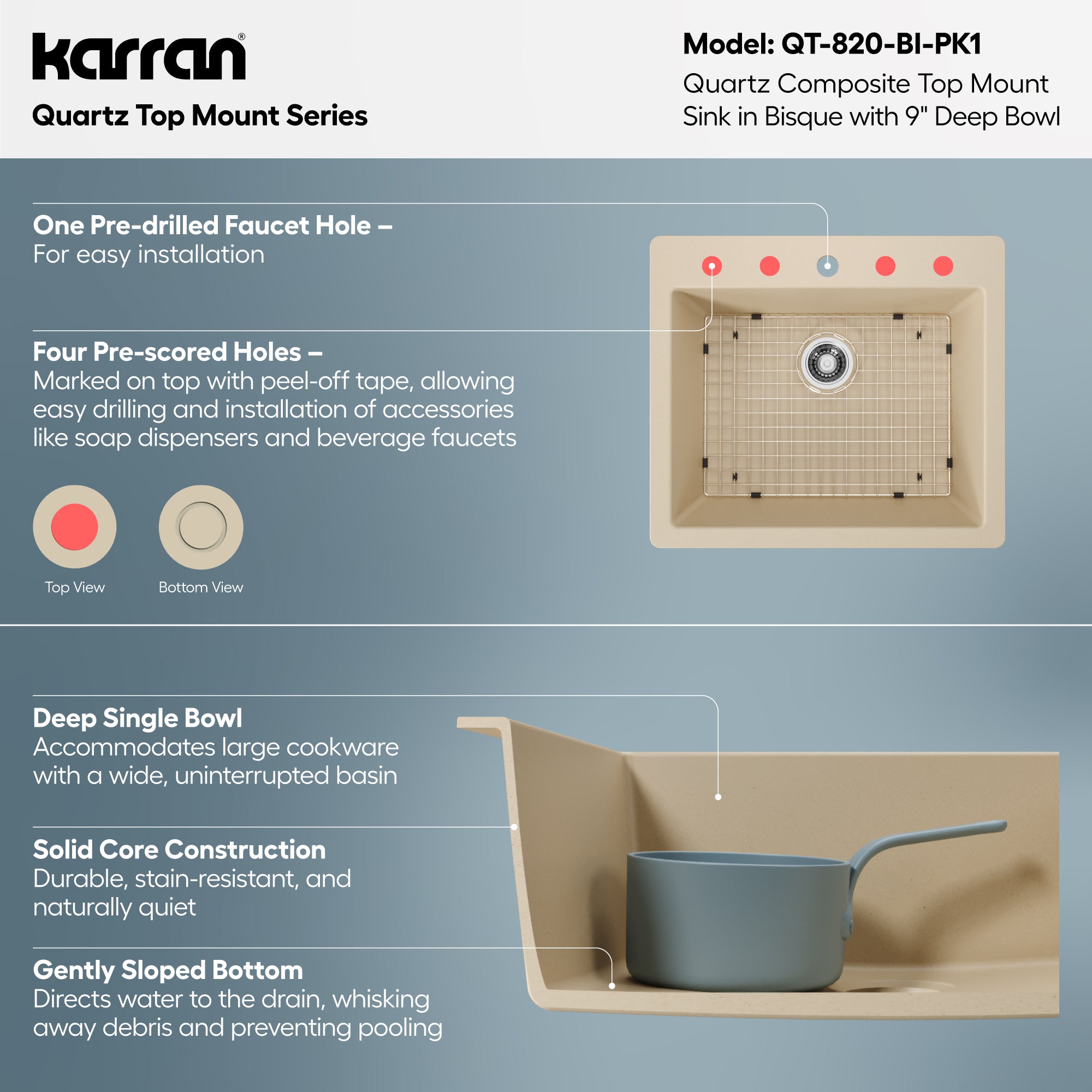 Alternative View of Karran 25" Drop In/Topmount Quartz Composite Kitchen Sink with Accessories, Bisque, QT-820-BI-PK1