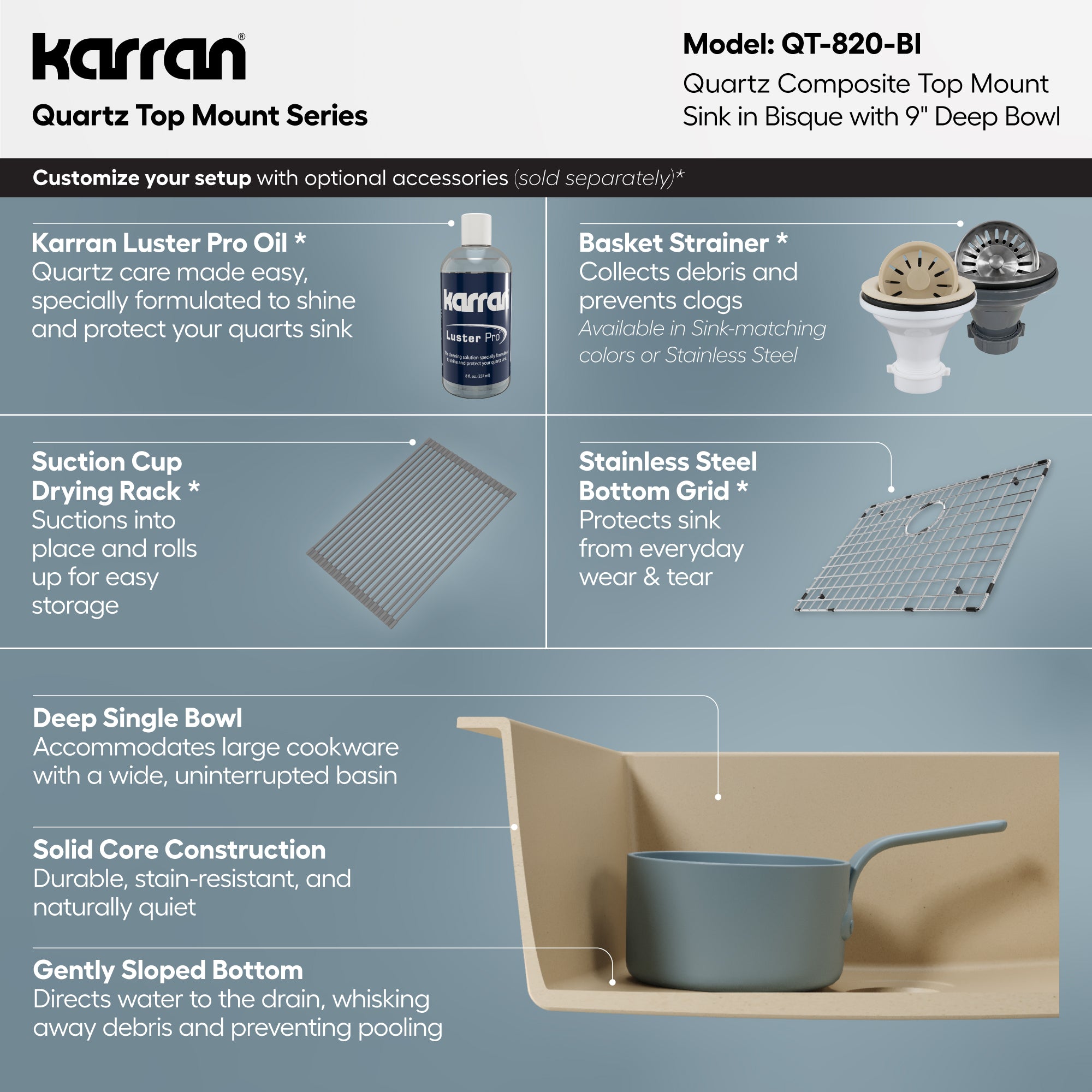 Alternative View of Karran 25" Drop In/Topmount Quartz Composite Kitchen Sink, Bisque, QT-820-BI