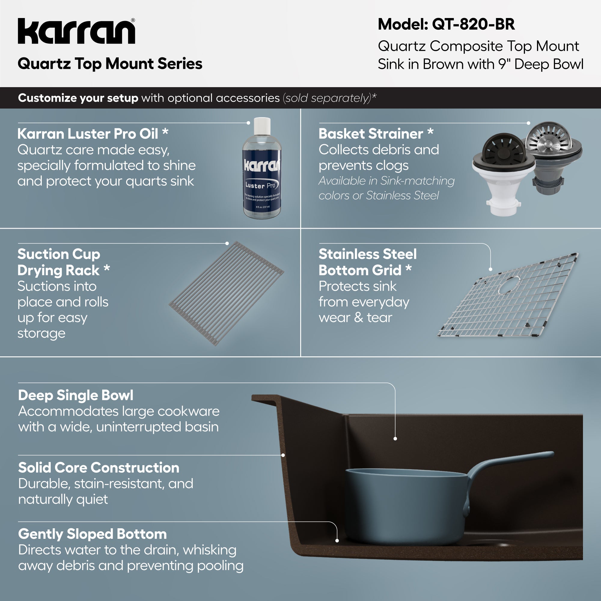 Alternative View of Karran 25" Drop In/Topmount Quartz Composite Kitchen Sink, Brown, QT-820-BR