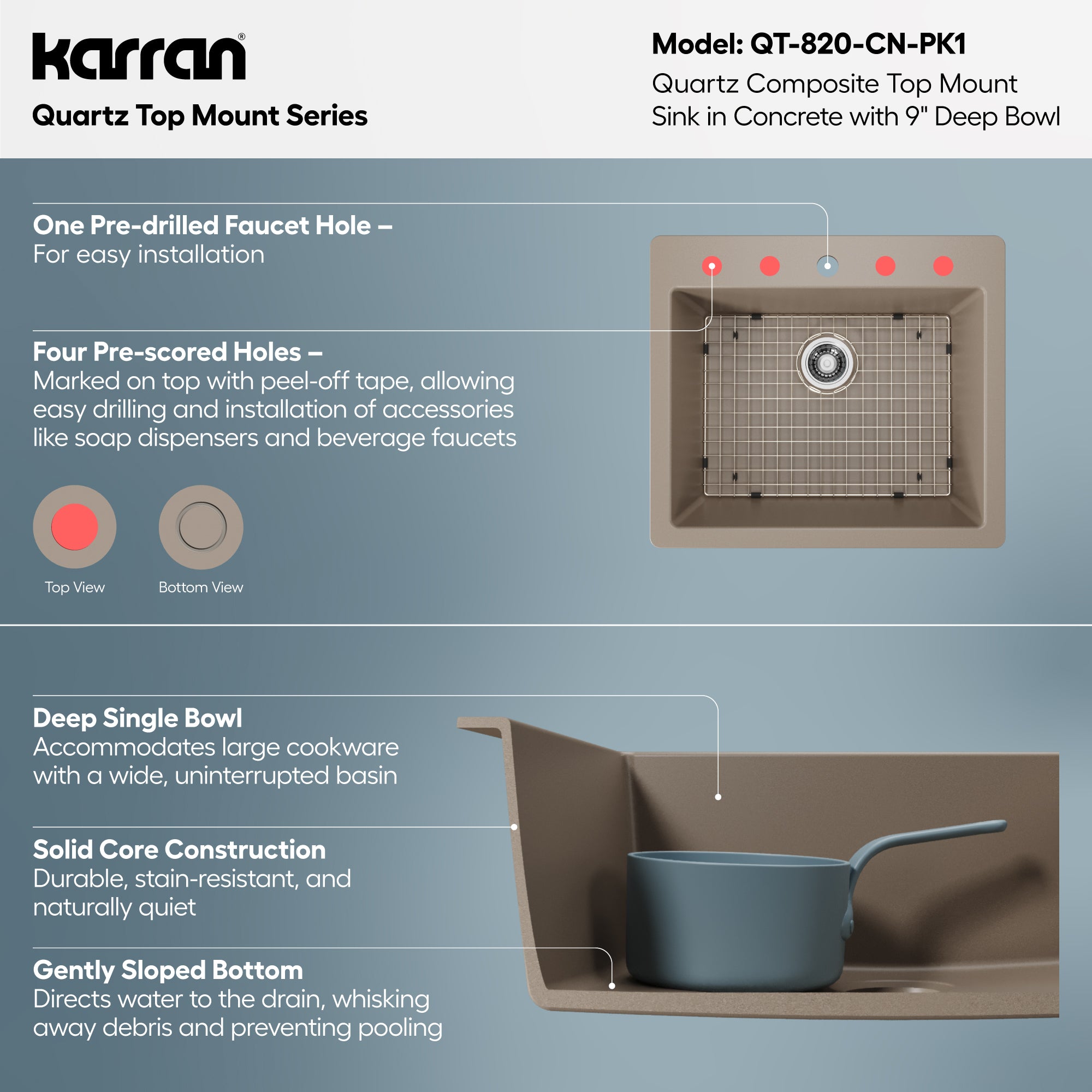 Alternative View of Karran 25" Drop In/Topmount Quartz Composite Kitchen Sink with Accessories, Concrete, QT-820-CN-PK1
