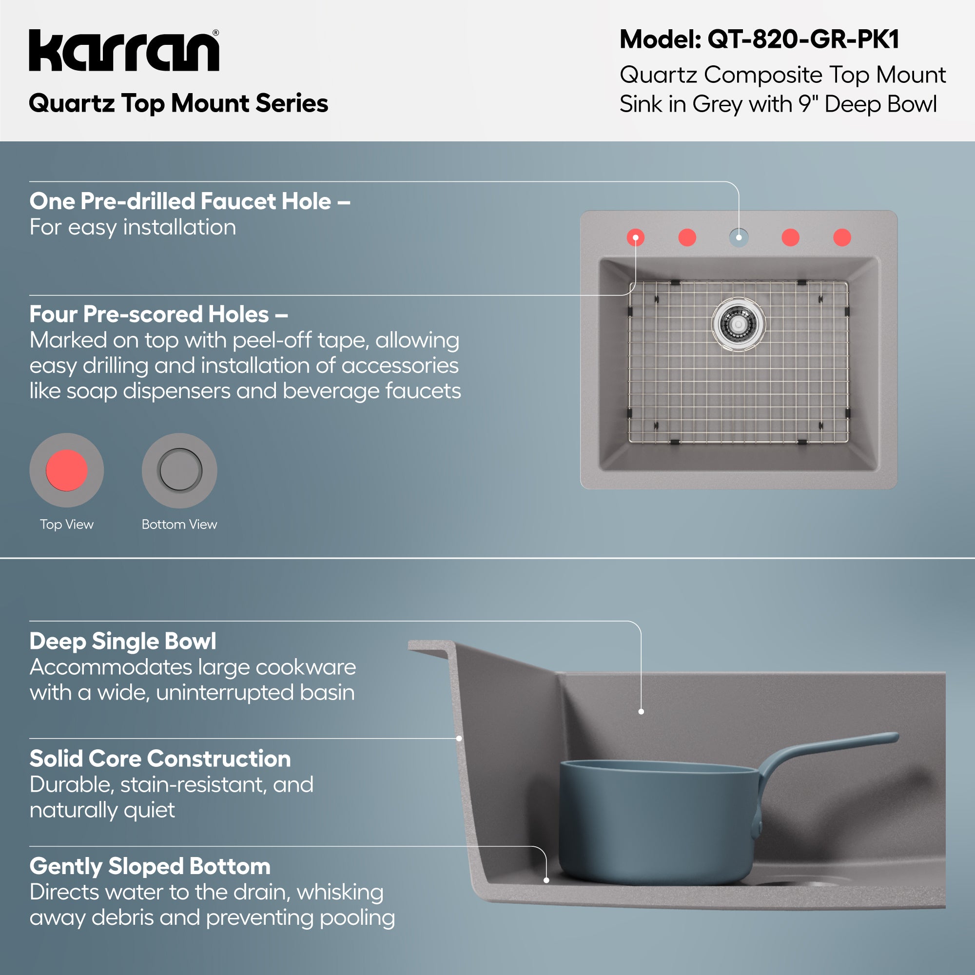 Alternative View of Karran 25" Drop In/Topmount Quartz Composite Kitchen Sink with Accessories, Grey, QT-820-GR-PK1