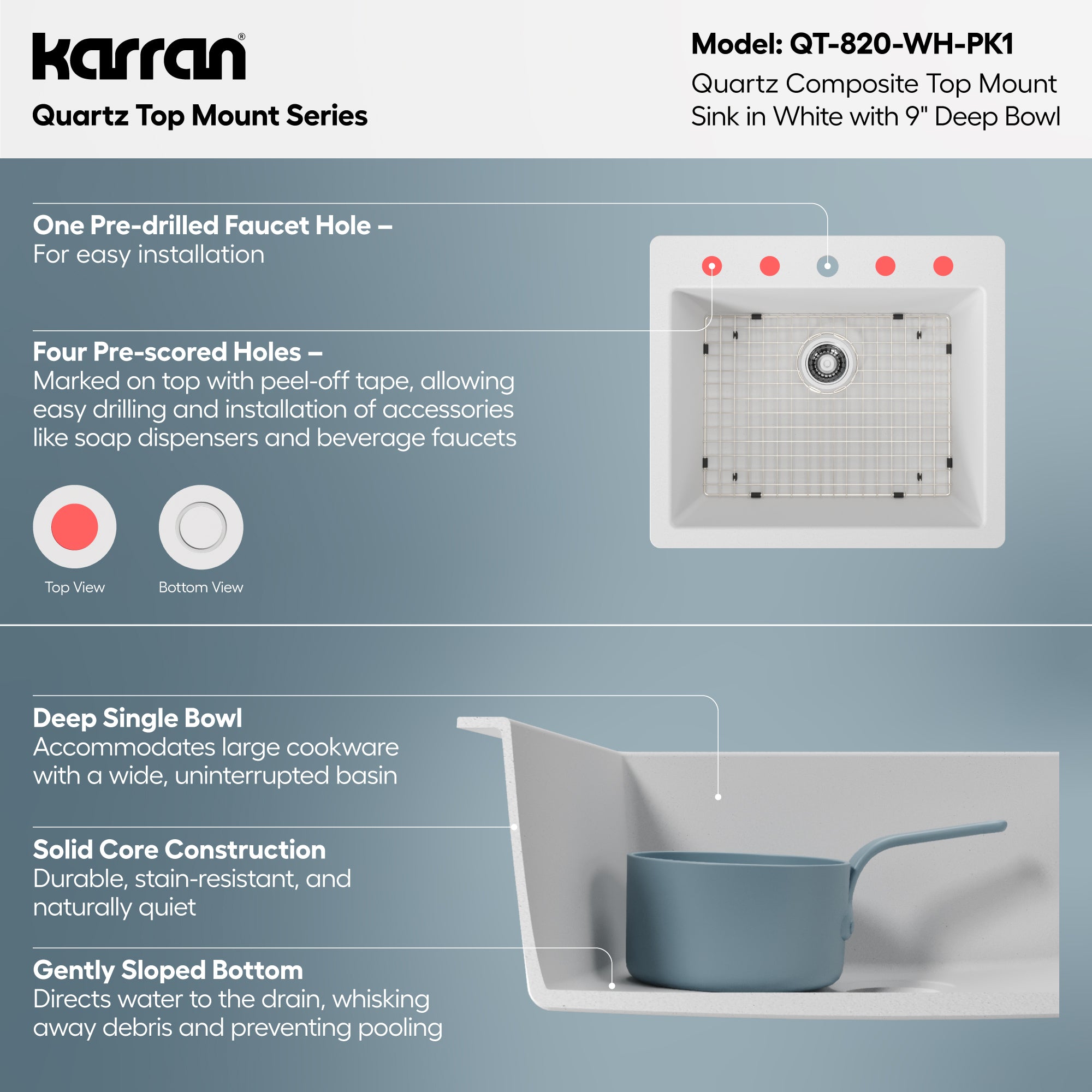 Alternative View of Karran 25" Drop In/Topmount Quartz Composite Kitchen Sink with Accessories, White, QT-820-WH-PK1