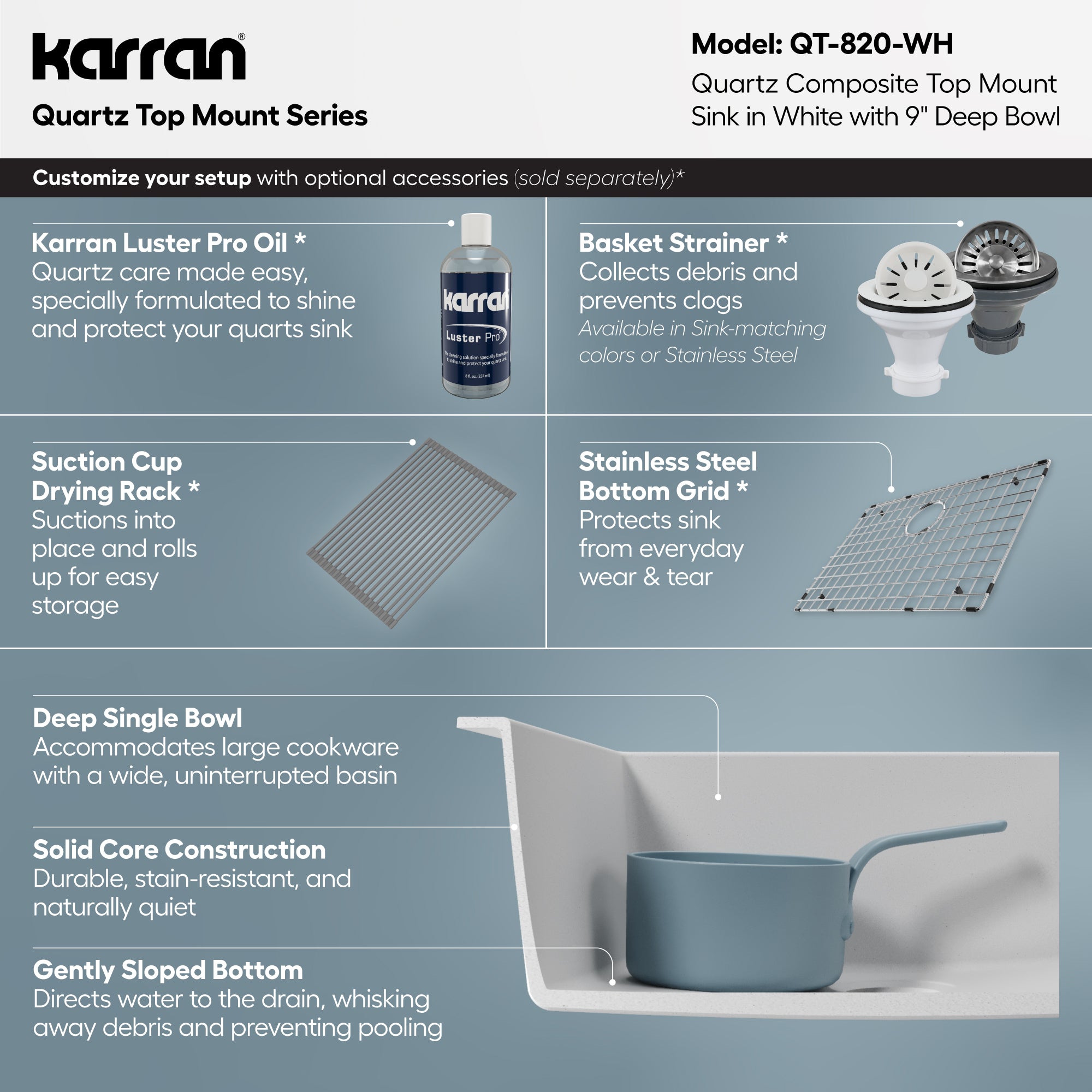 Alternative View of Karran 25" Drop In/Topmount Quartz Composite Kitchen Sink, White, QT-820-WH