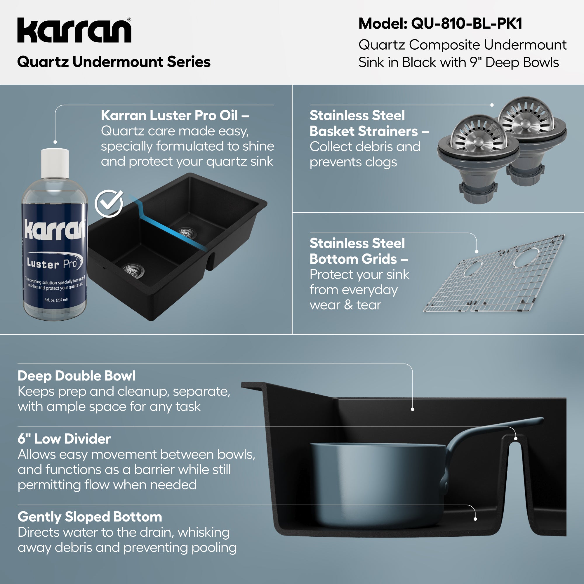 Alternative View of Karran 32" Undermount Quartz Composite Kitchen Sink with Accessories, 50/50 Double Bowl, Black, QU-810-BL-PK1