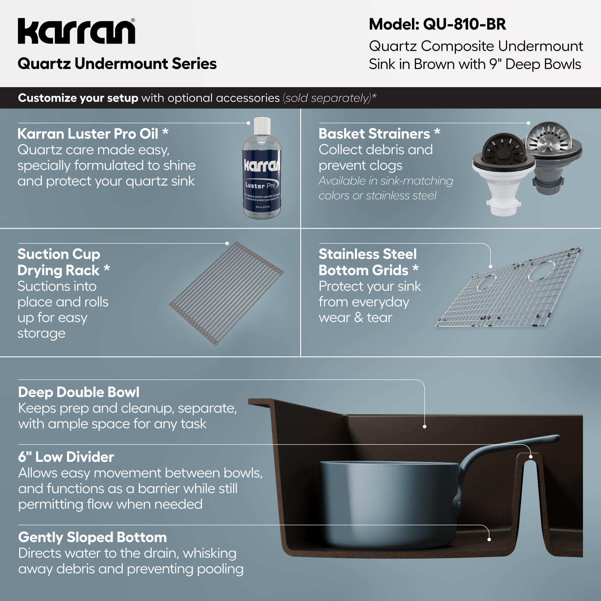Alternative View of Karran 32" Undermount Quartz Composite Kitchen Sink, 50/50 Double Bowl, Brown, QU-810-BR