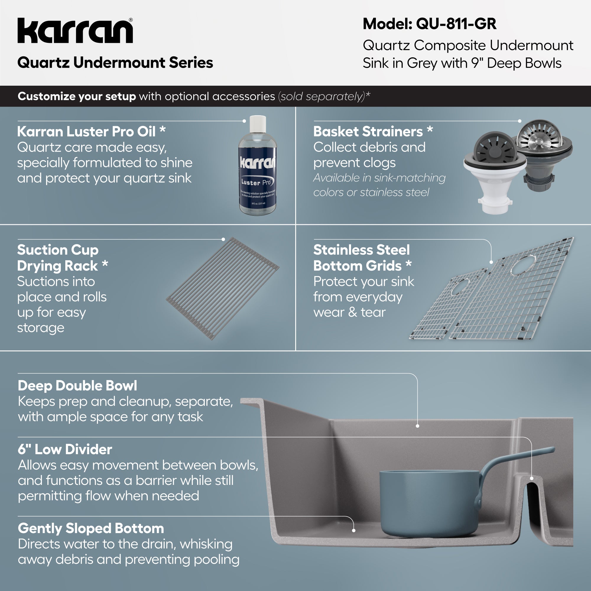 Alternative View of Karran 32" Undermount Quartz Composite Kitchen Sink, 60/40 Double Bowl, Grey, QU-811-GR