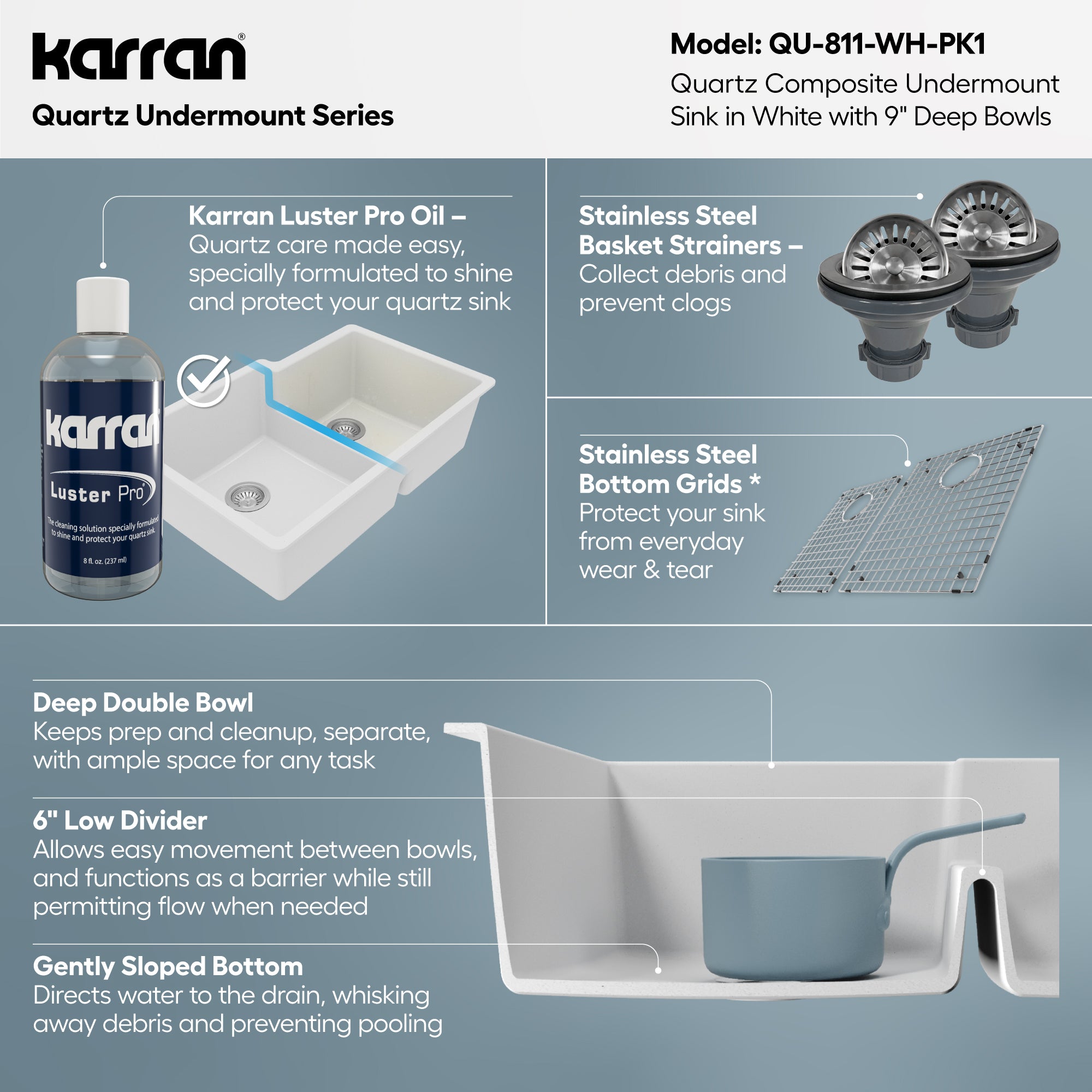 Alternative View of Karran 32" Undermount Quartz Composite Kitchen Sink with Accessories, 60/40 Double Bowl, White, QU-811-WH-PK1
