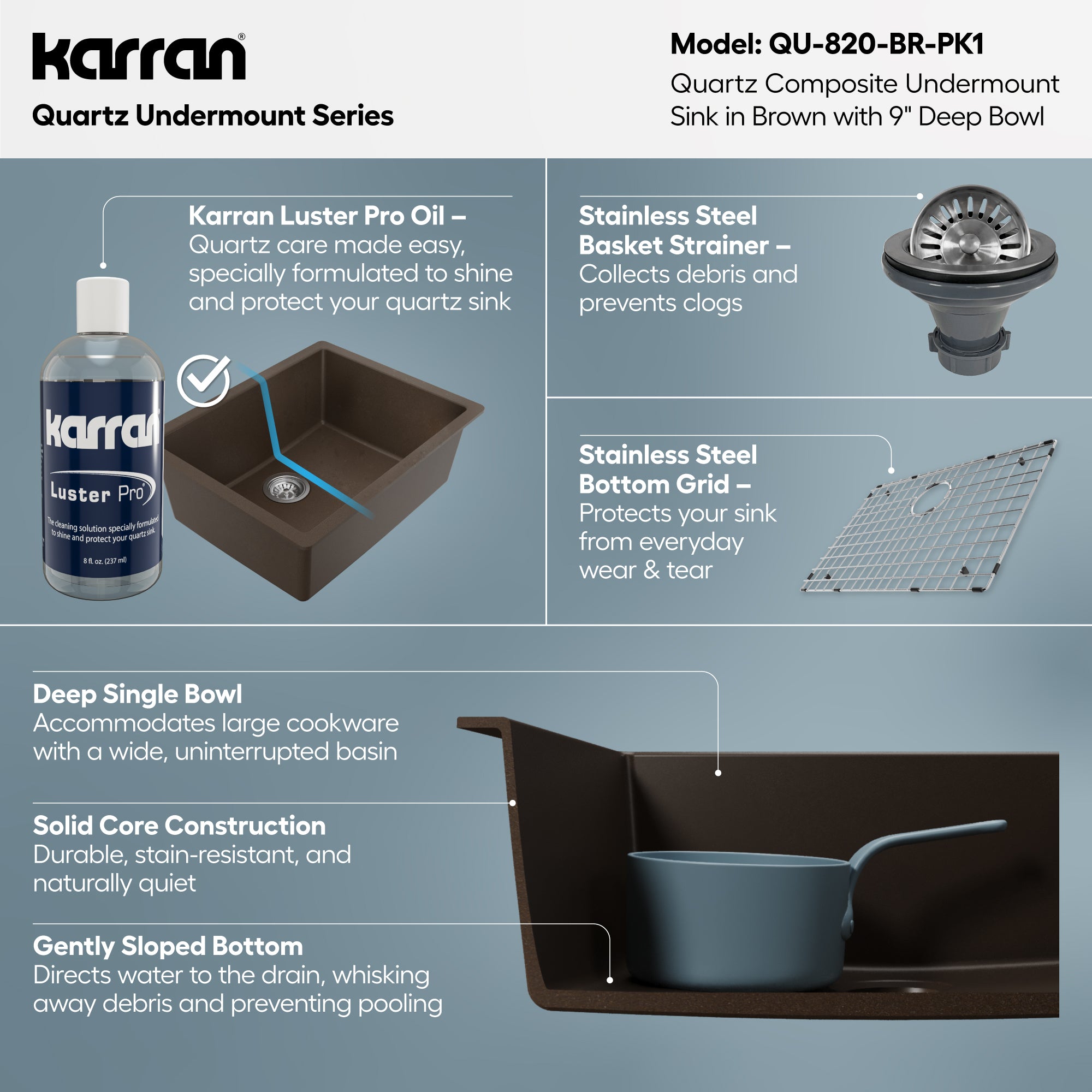 Alternative View of Karran 24" Undermount Quartz Composite Kitchen Sink with Accessories, Brown, QU-820-BR-PK1