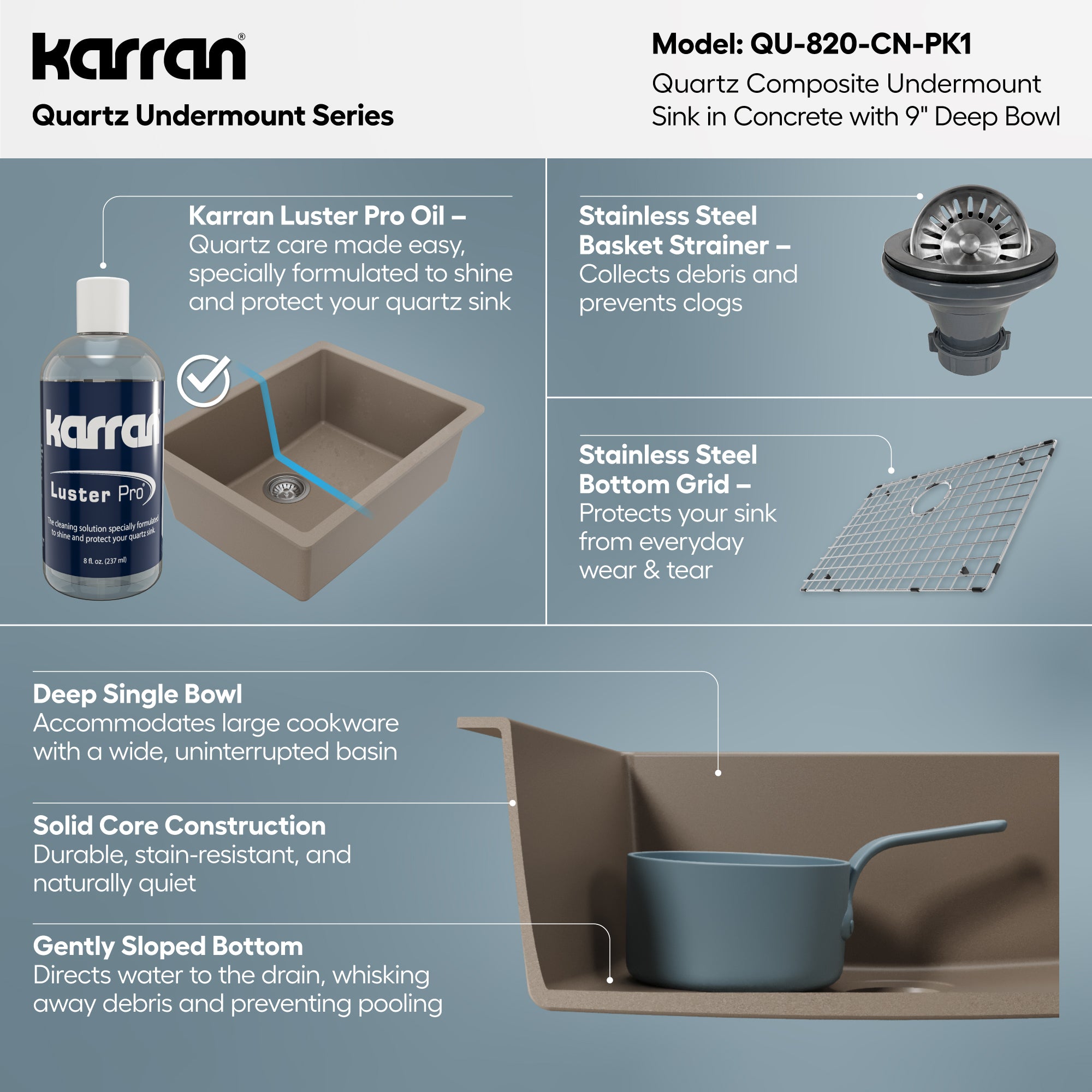 Alternative View of Karran 24" Undermount Quartz Composite Kitchen Sink with Accessories, Concrete, QU-820-CN-PK1