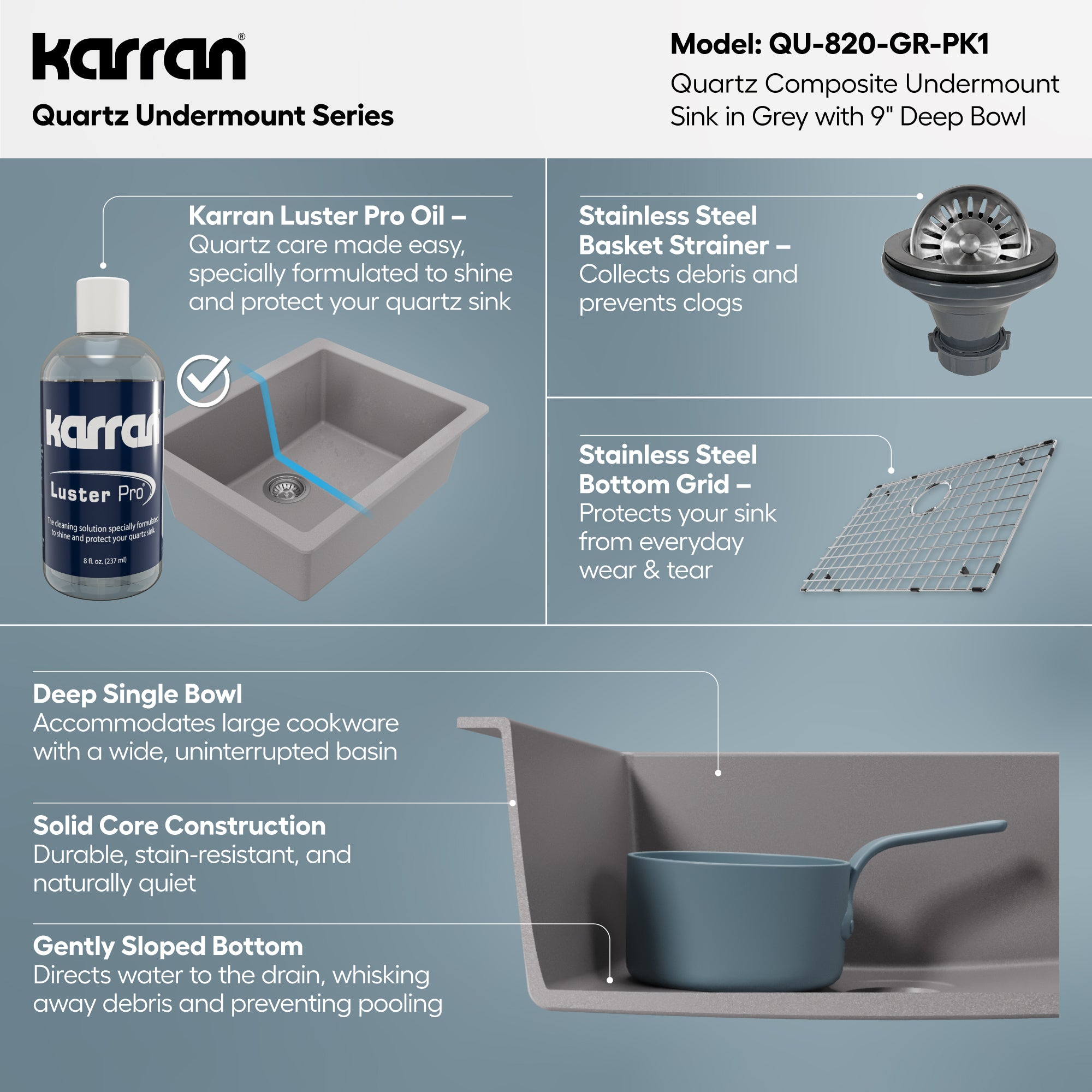 Alternative View of Karran 24" Undermount Quartz Composite Kitchen Sink with Accessories, Grey, QU-820-GR-PK1