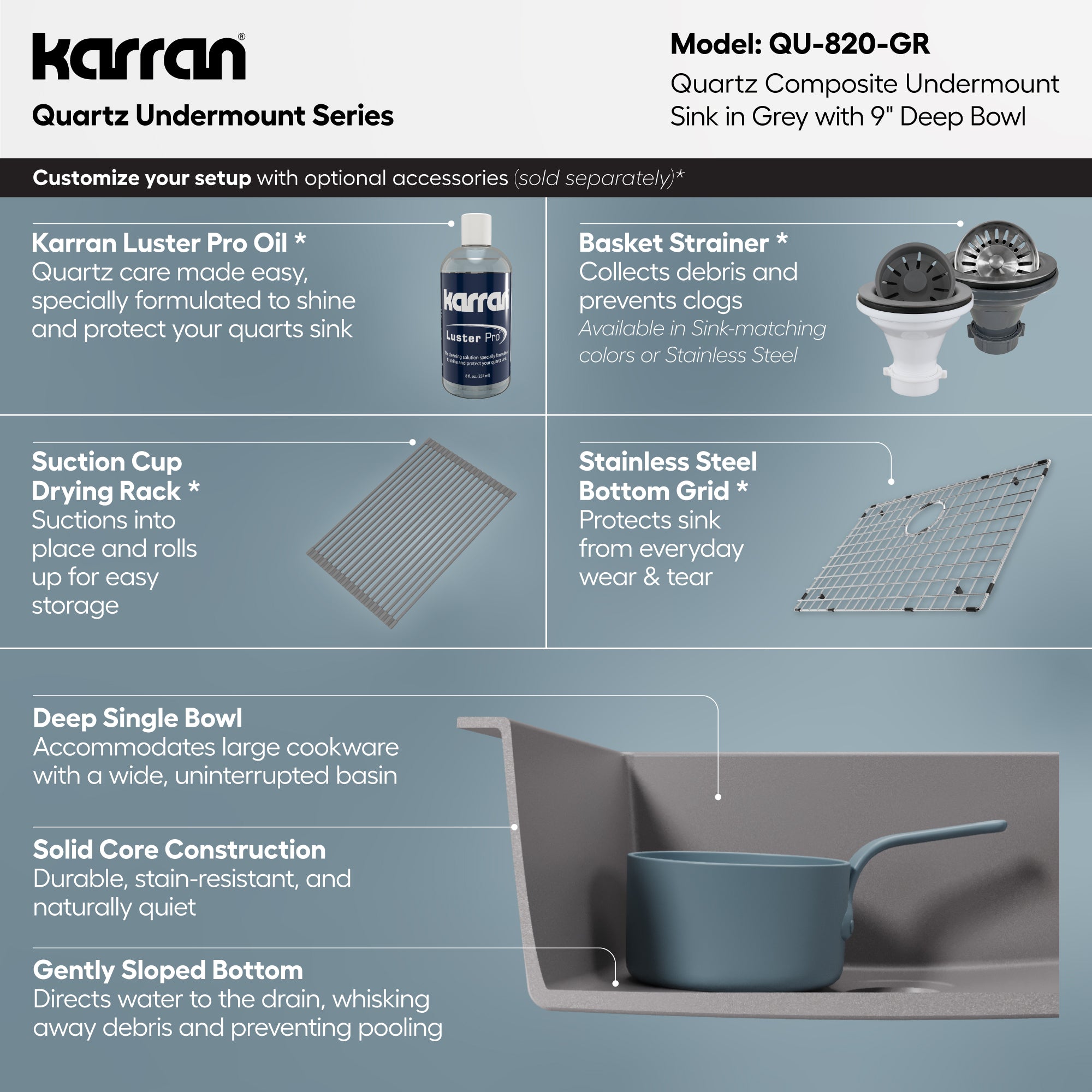 Alternative View of Karran 24" Undermount Quartz Composite Kitchen Sink, Grey, QU-820-GR