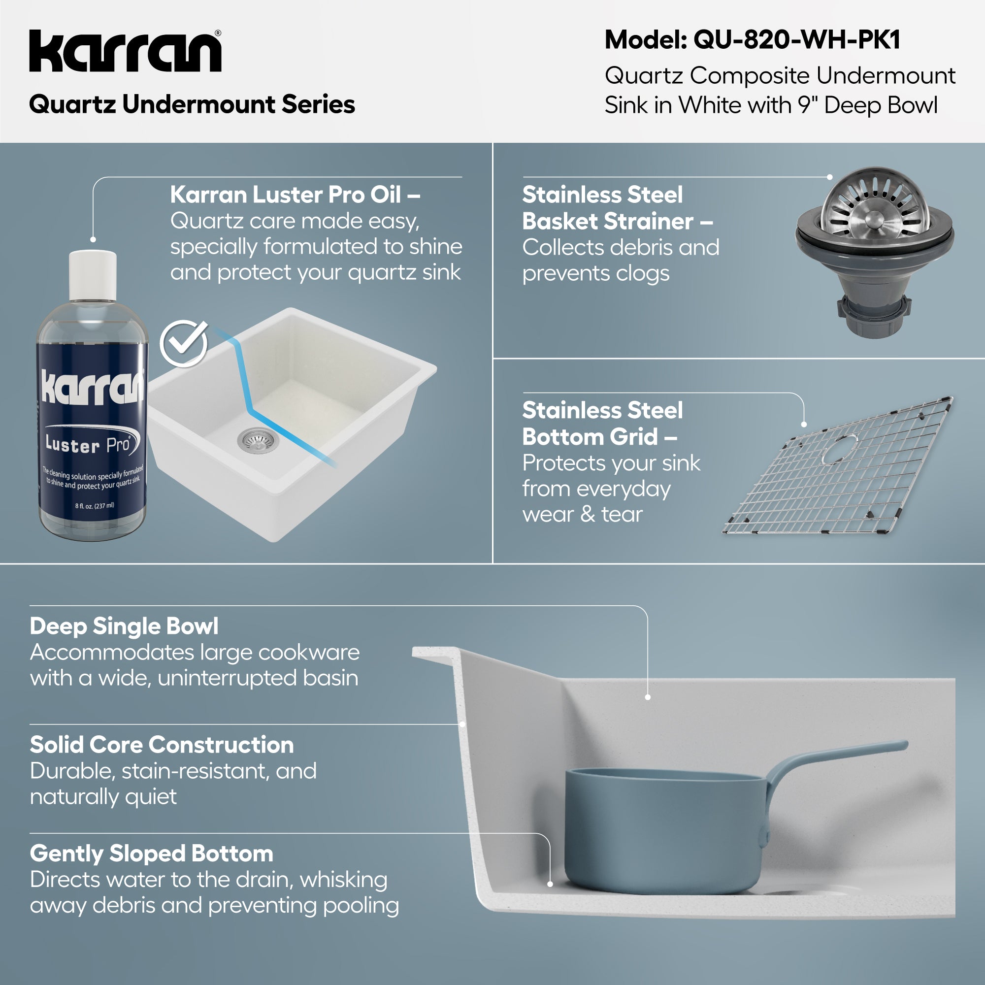 Alternative View of Karran 24" Undermount Quartz Composite Kitchen Sink with Accessories, White, QU-820-WH-PK1
