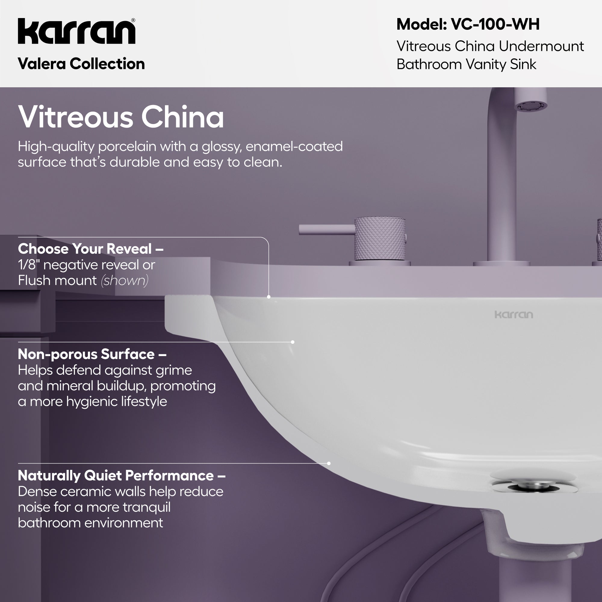 Karran Valera 14.375" x 20.25" Oval Undermount Vitreous China ADA Bathroom Sink, White, VC-100-WH