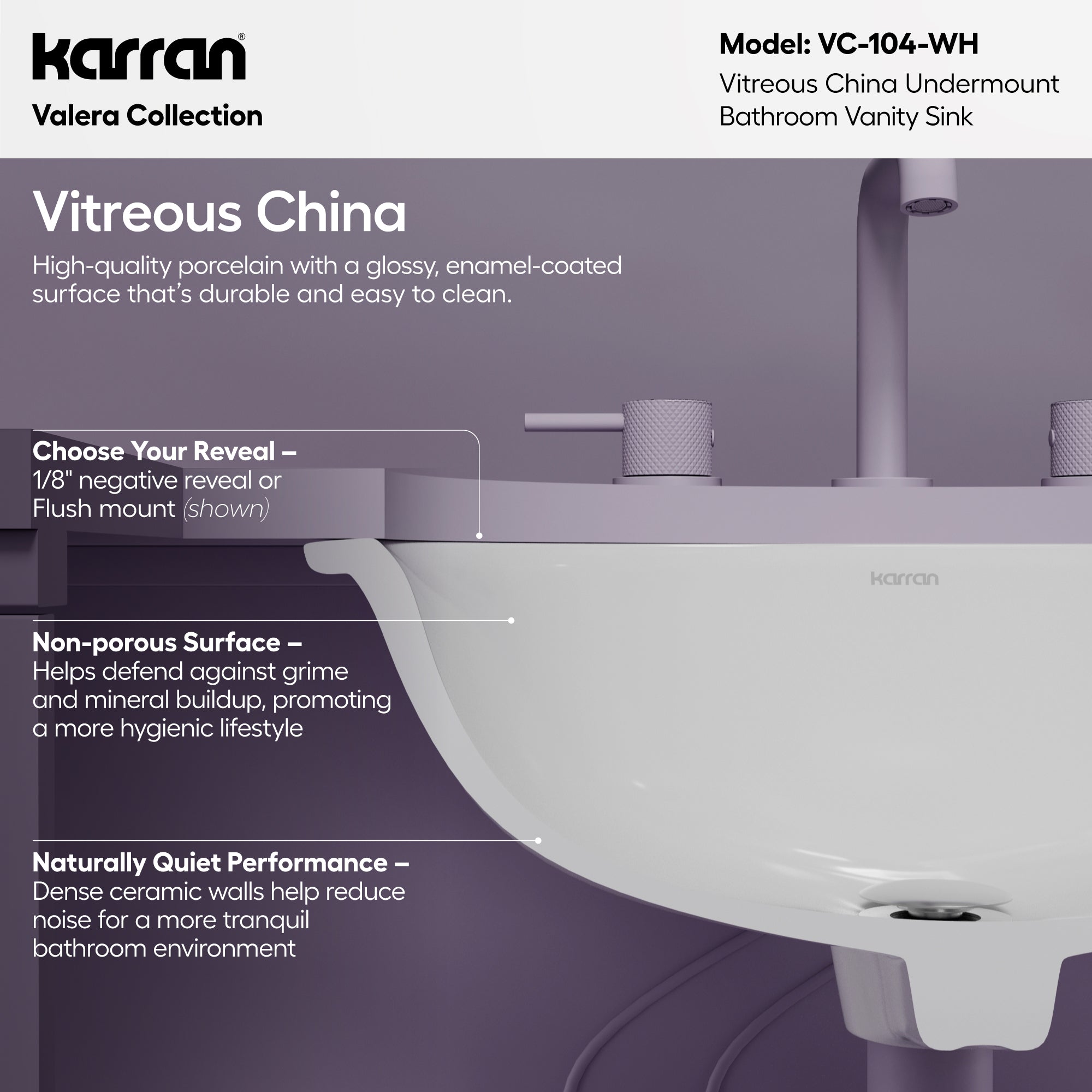 Karran Valera 15.75" x 19.25" Oval Undermount Vitreous China ADA Bathroom Sink, White, VC-104-WH